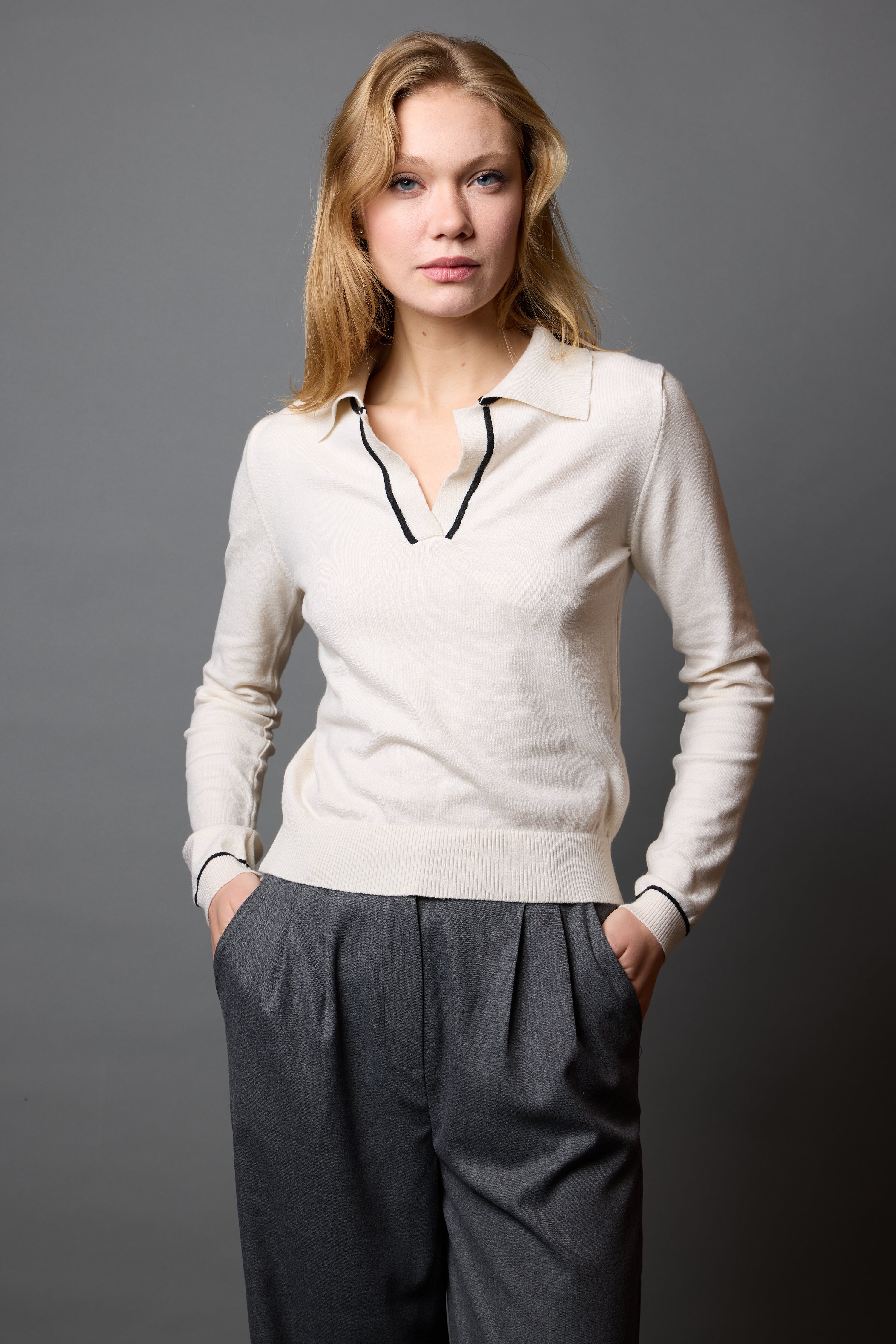 POLO YAKA YUMUSAK DOKULU TRIKO KAZAK KREM