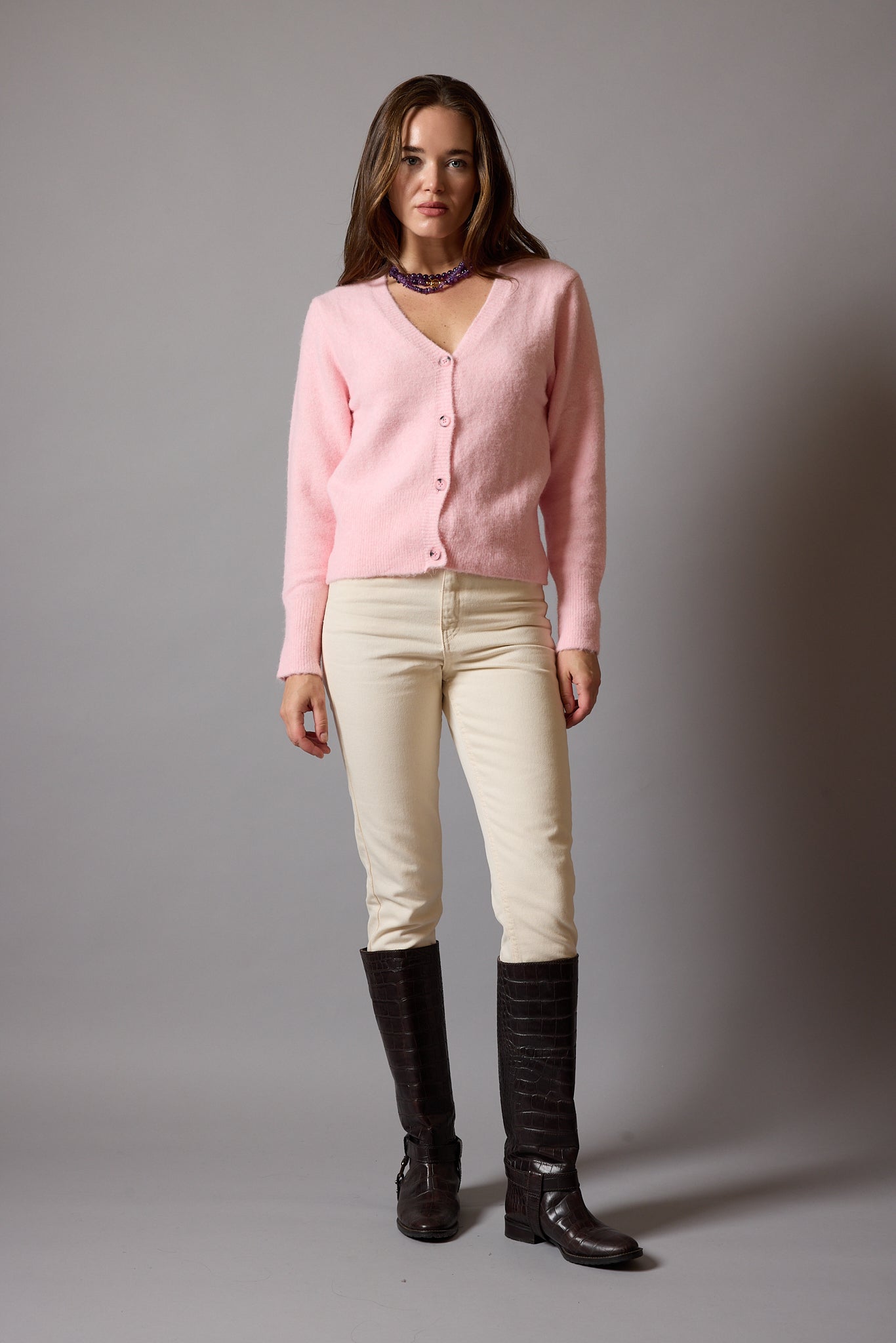 V YAKA YUMUŞAK DOKULU TRİKO HIRKA PINK ROSE