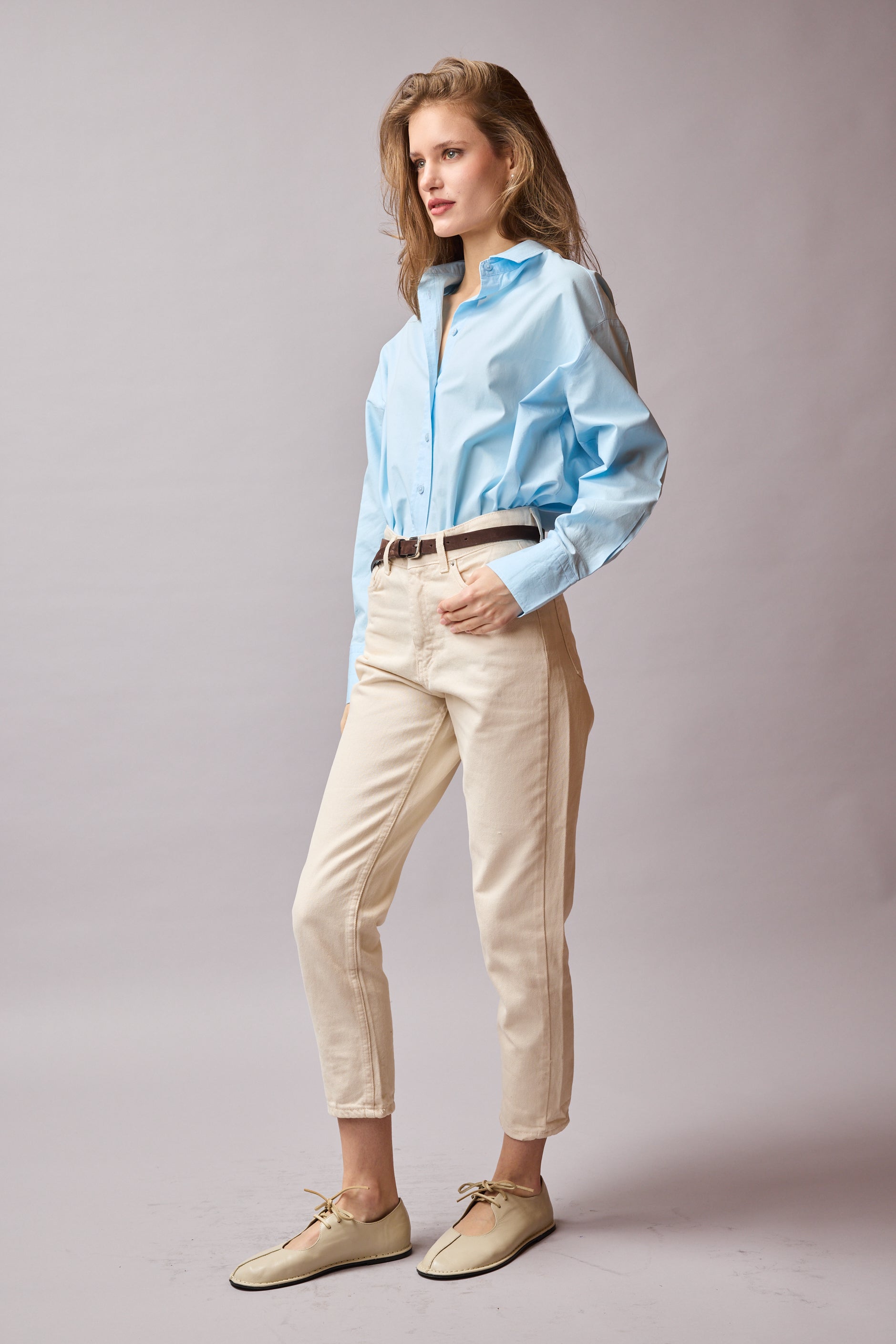 STRAIGHT FIT YUKSEK BEL MOM JEAN KREM