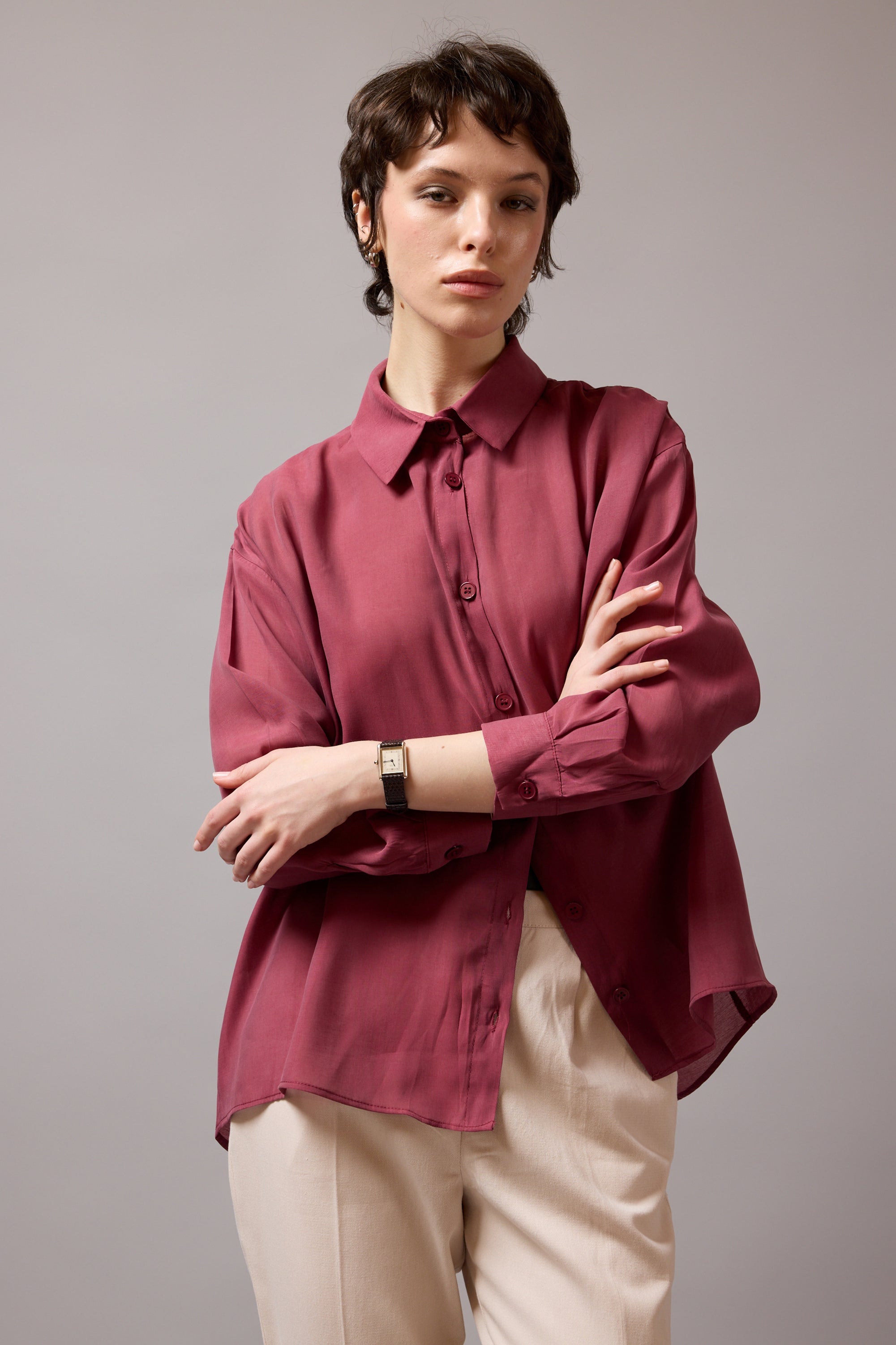 DOKUMLU TENSEL GOMLEK CHERRY