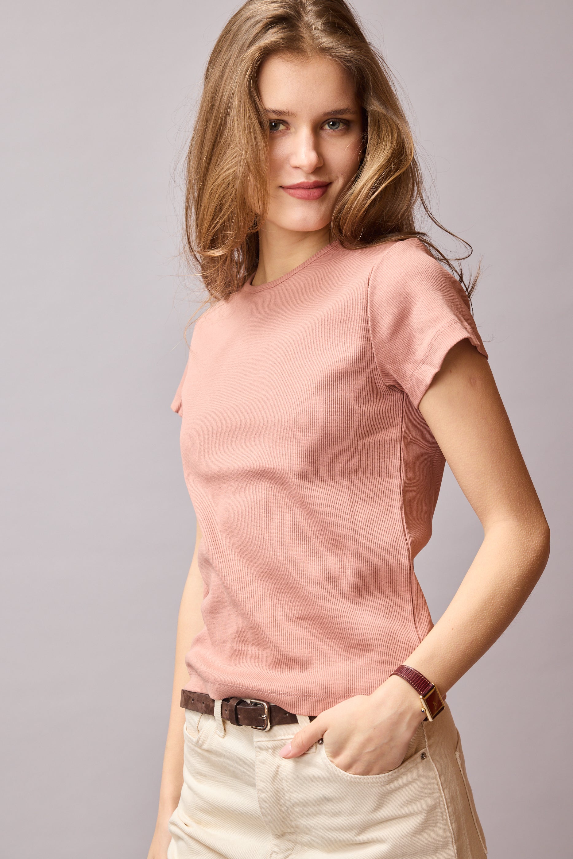 FITILLI KISA KOLLU PAMUK T-SHIRT ROSE