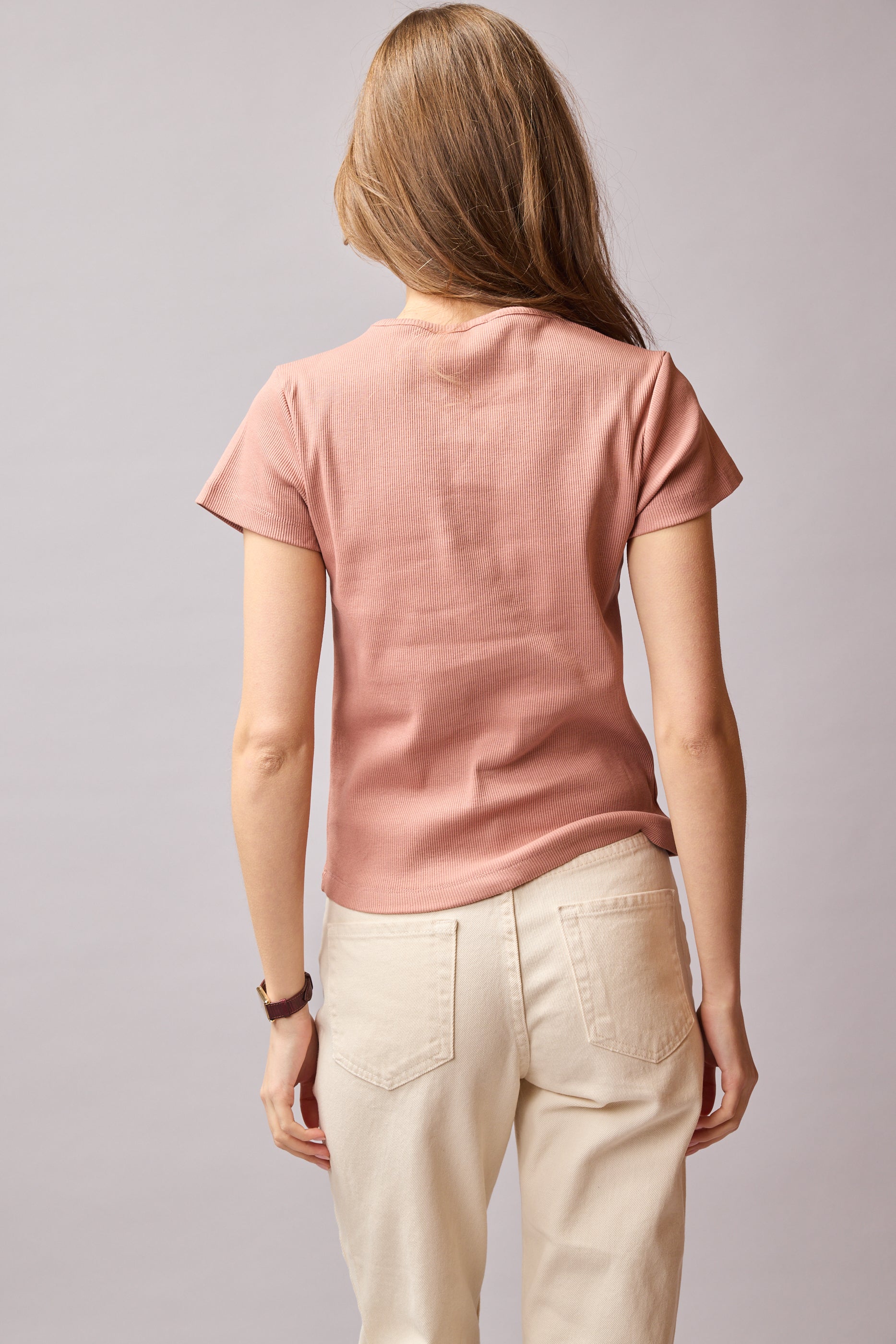 RUBBLED SHORT SLEEVE COTTON T-SHIRT ROSE