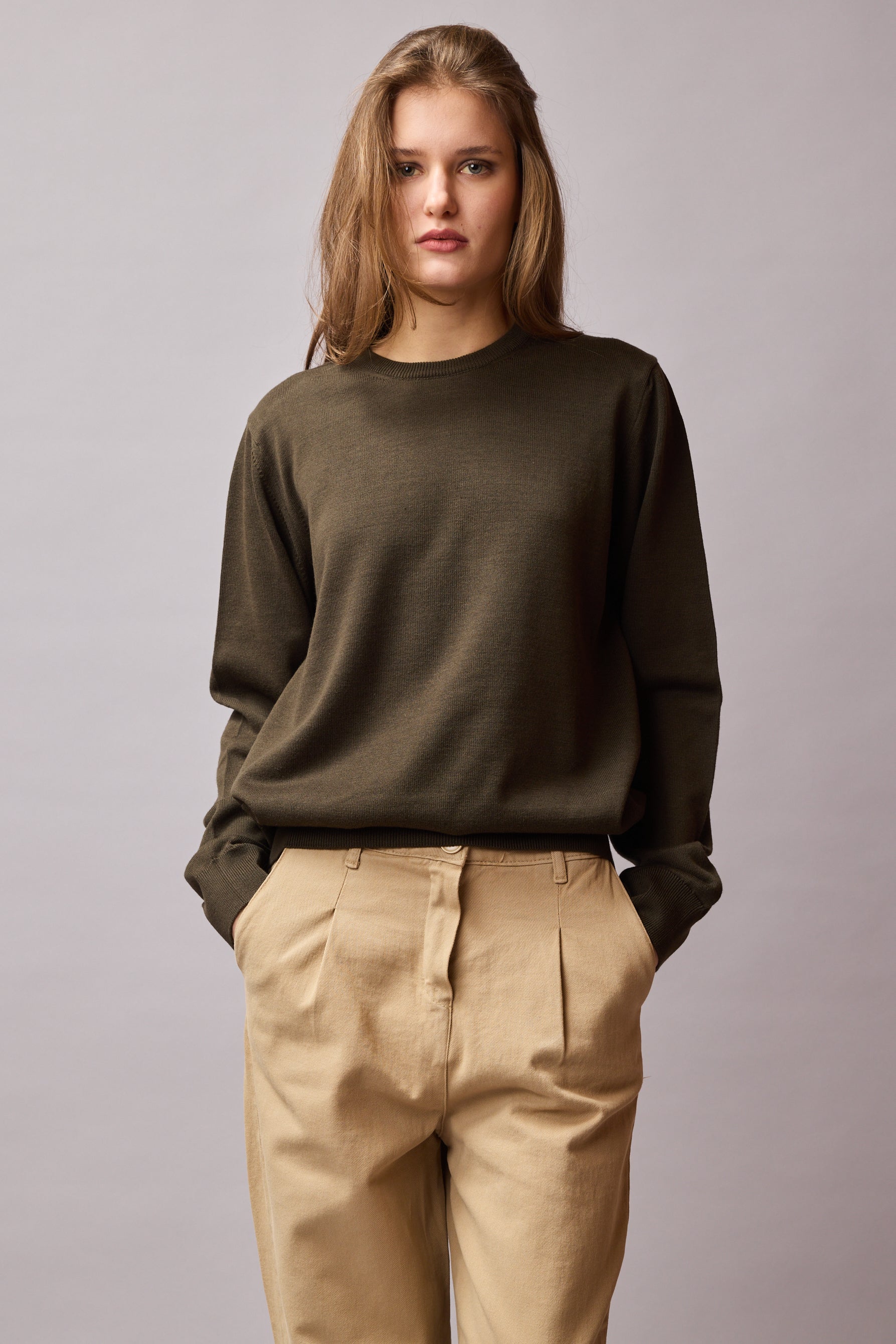 COTTON CREW NECK UNISEX SWEATER KHAKI