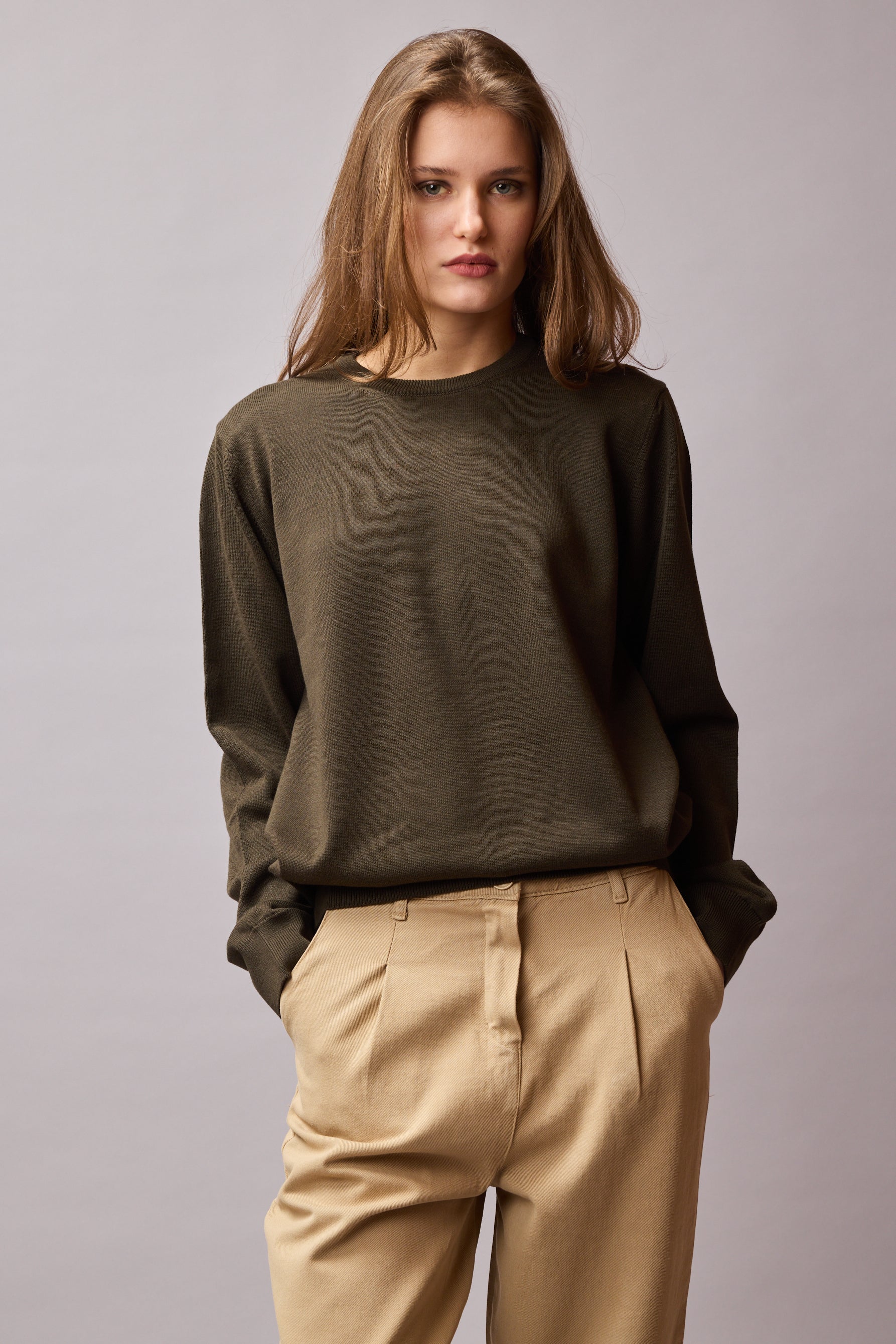 COTTON CREW NECK UNISEX SWEATER KHAKI