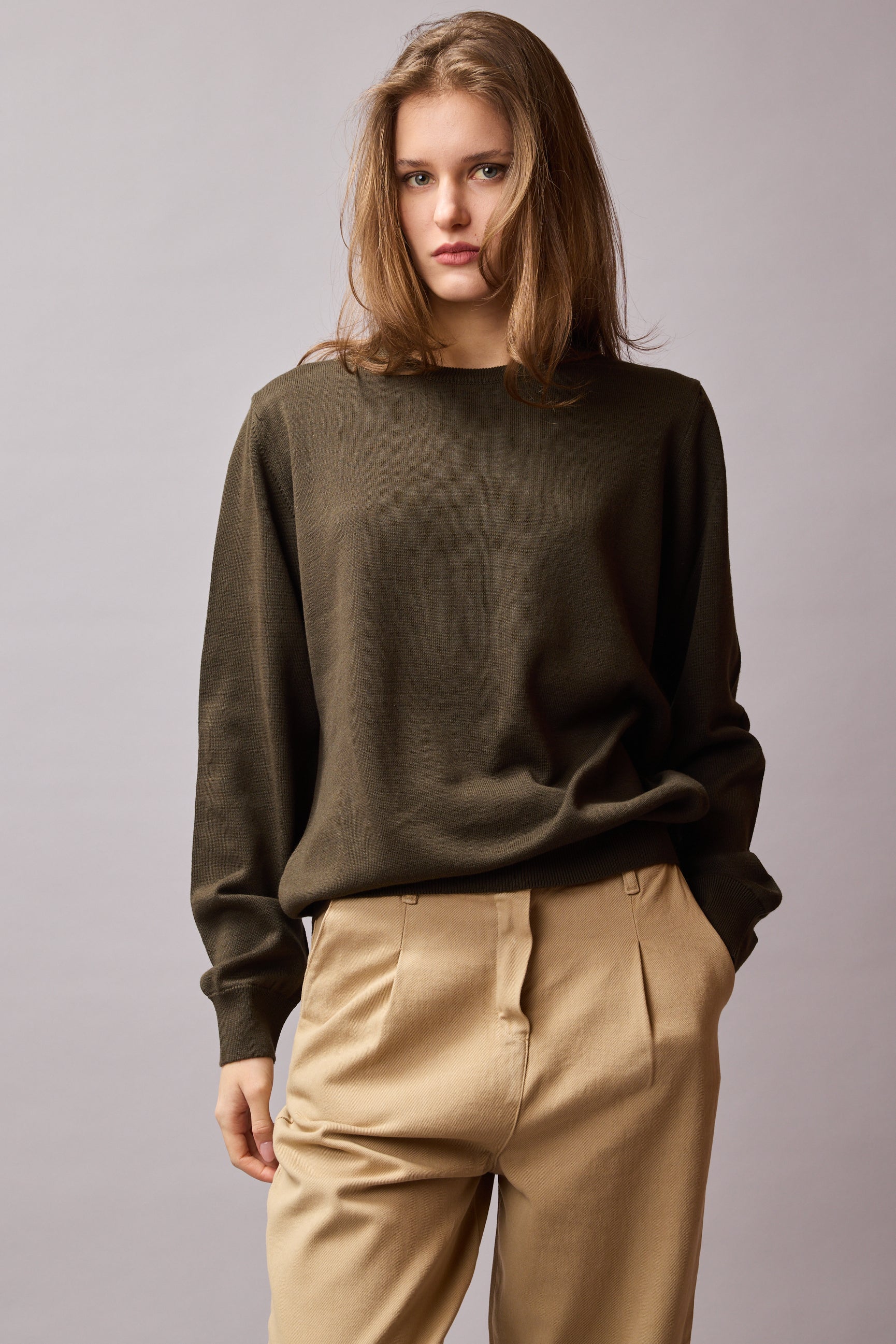 COTTON CREW NECK UNISEX SWEATER KHAKI