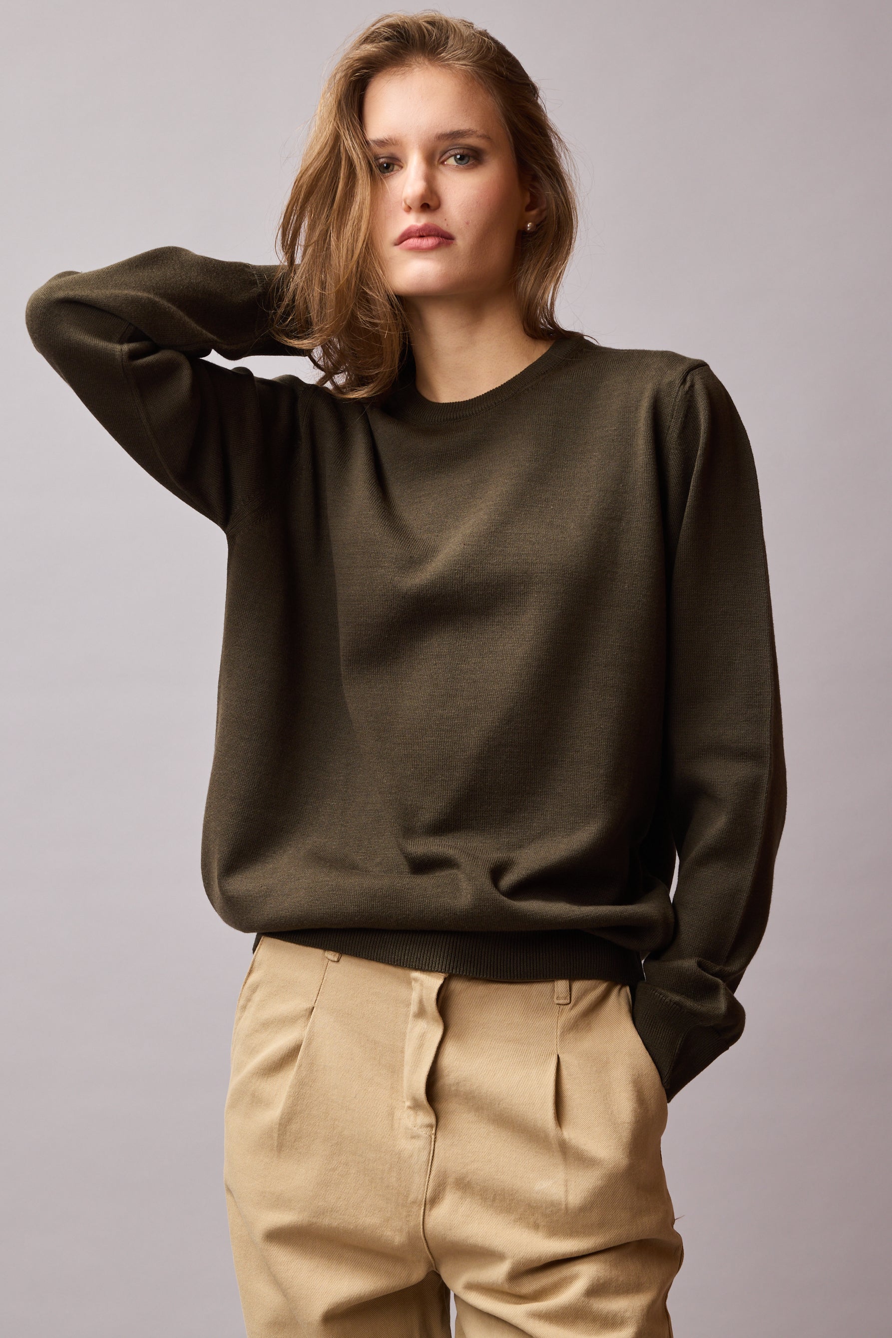 COTTON CREW NECK UNISEX SWEATER KHAKI