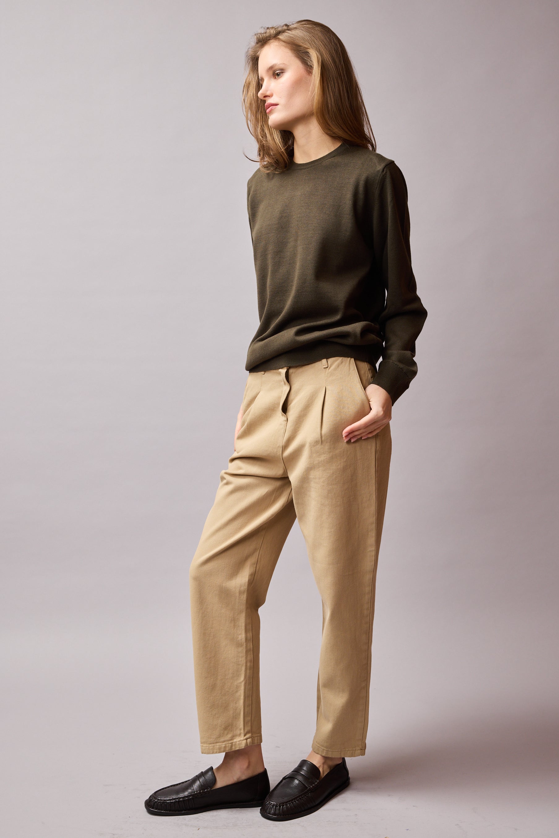 COTTON CREW NECK UNISEX SWEATER KHAKI