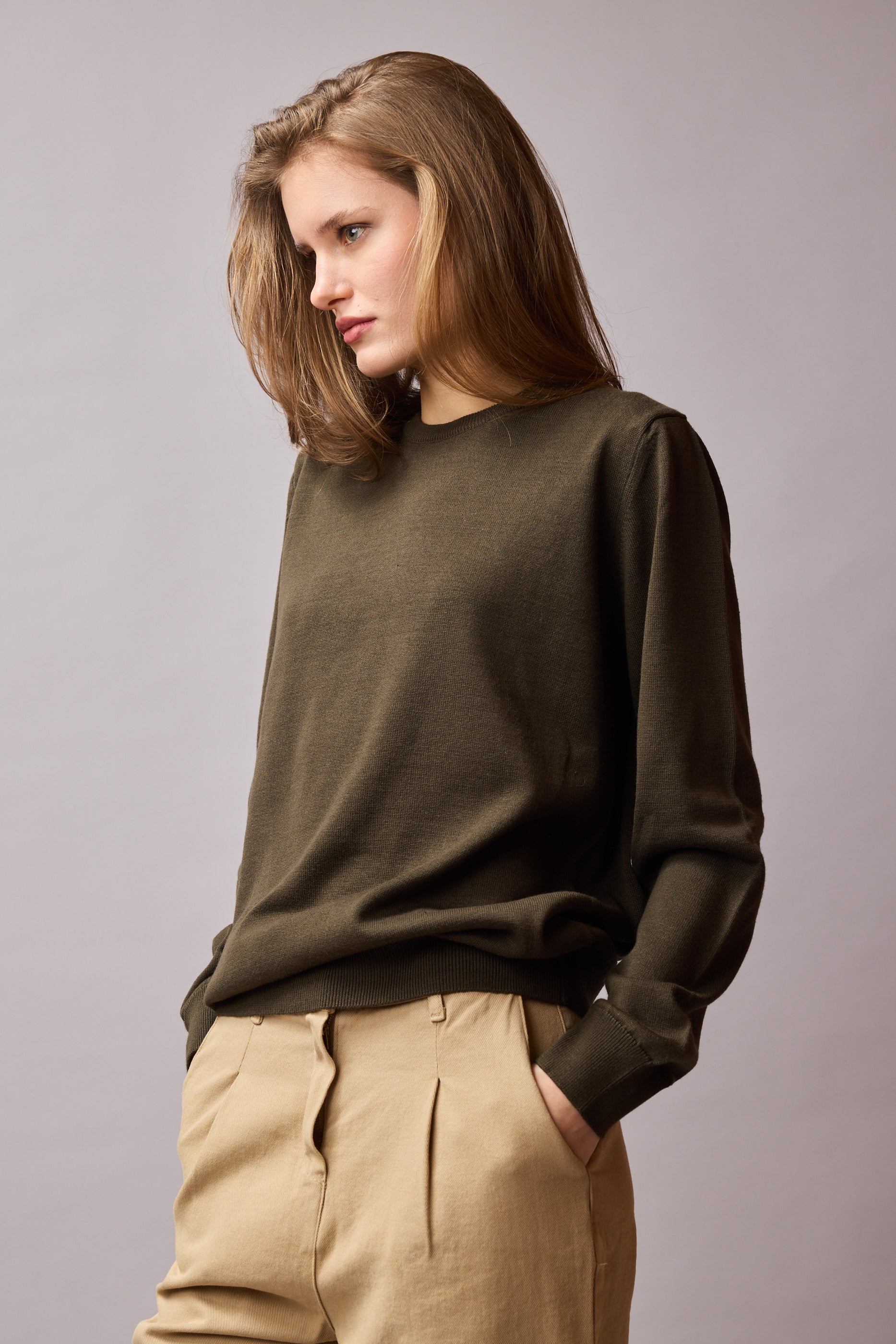 COTTON CREW NECK UNISEX SWEATER KHAKI