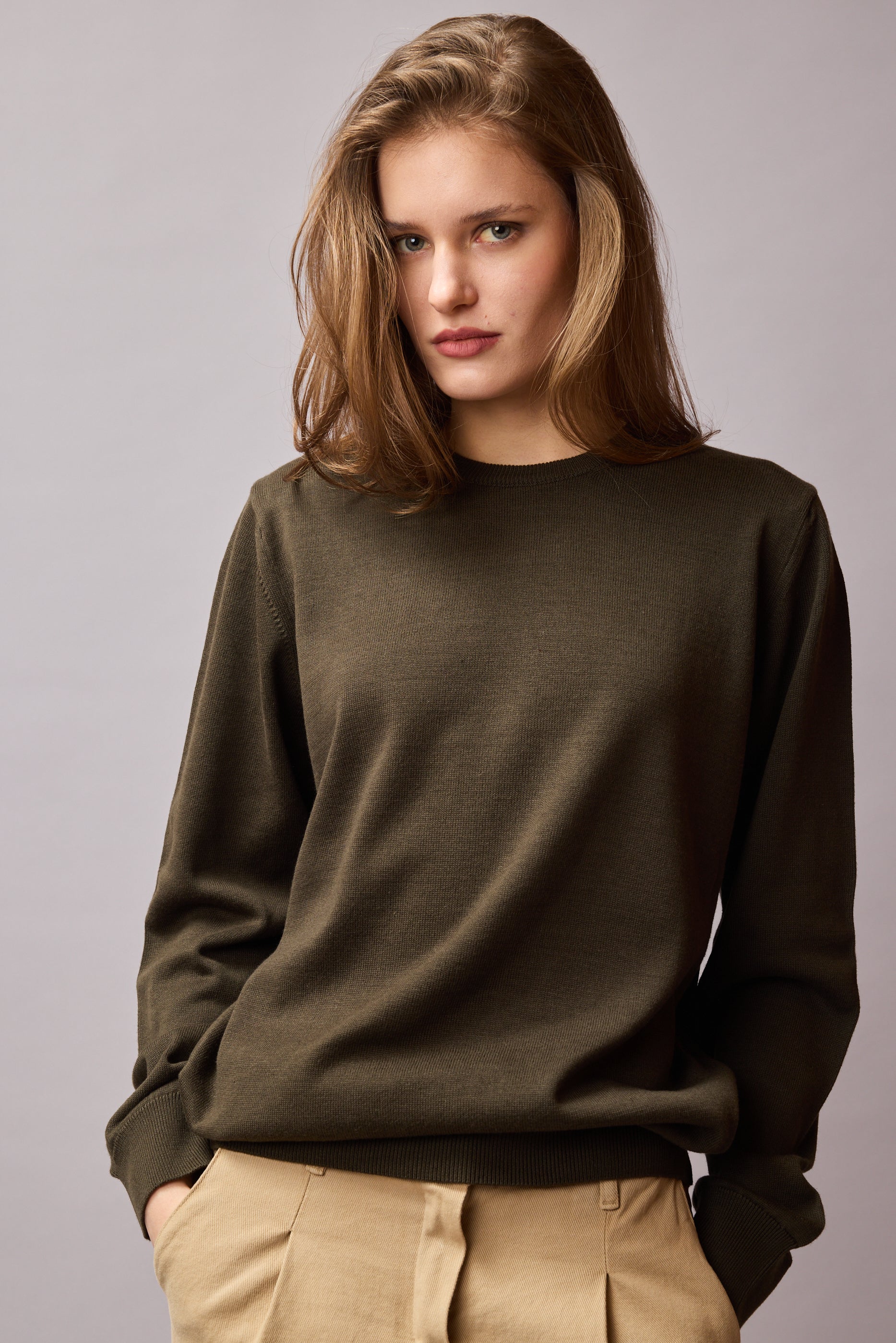 COTTON CREW NECK UNISEX SWEATER KHAKI