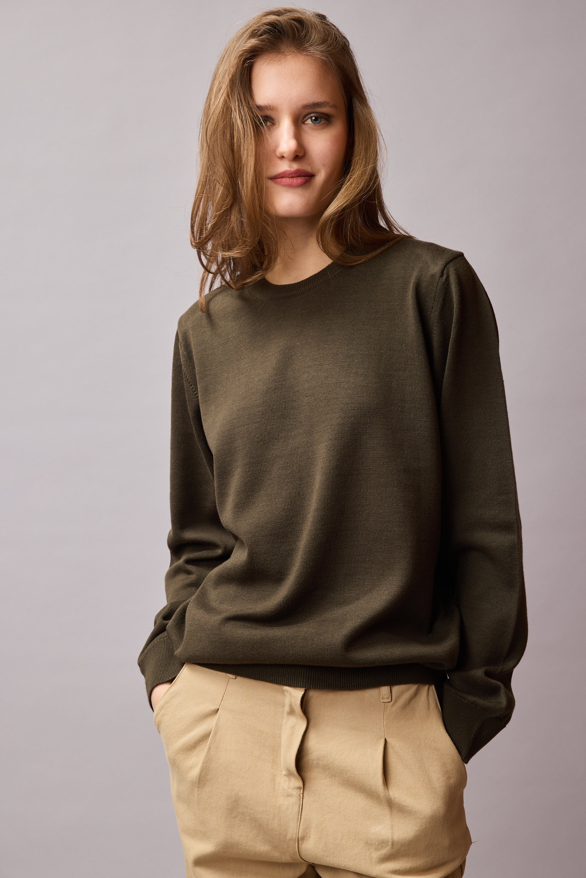 COTTON CREW NECK UNISEX SWEATER KHAKI