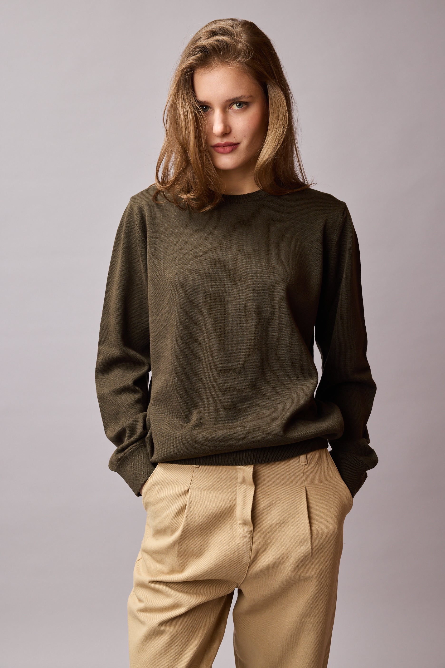 COTTON CREW NECK UNISEX SWEATER KHAKI