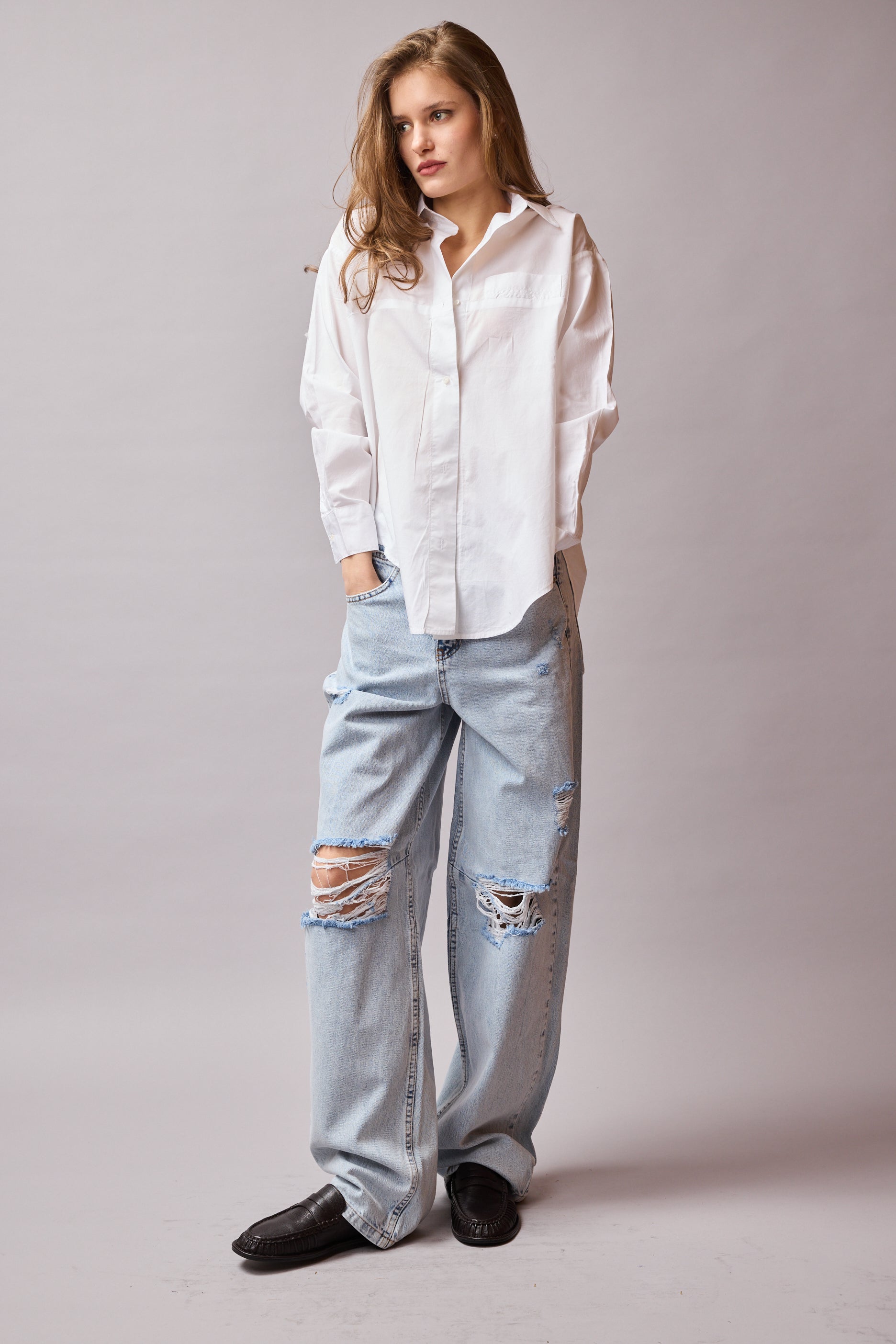 STRAIGHT FIT YUKSEK BEL GENIS PACA YIRTIK JEAN