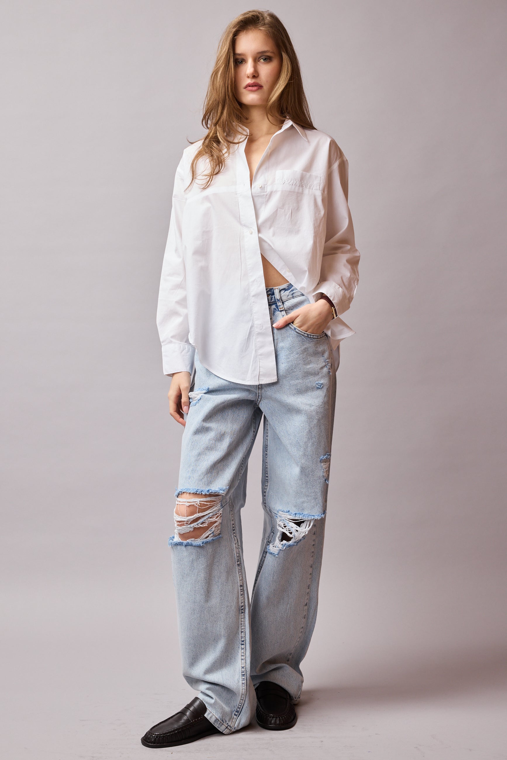 STRAIGHT FIT YUKSEK BEL GENIS PACA YIRTIK JEAN