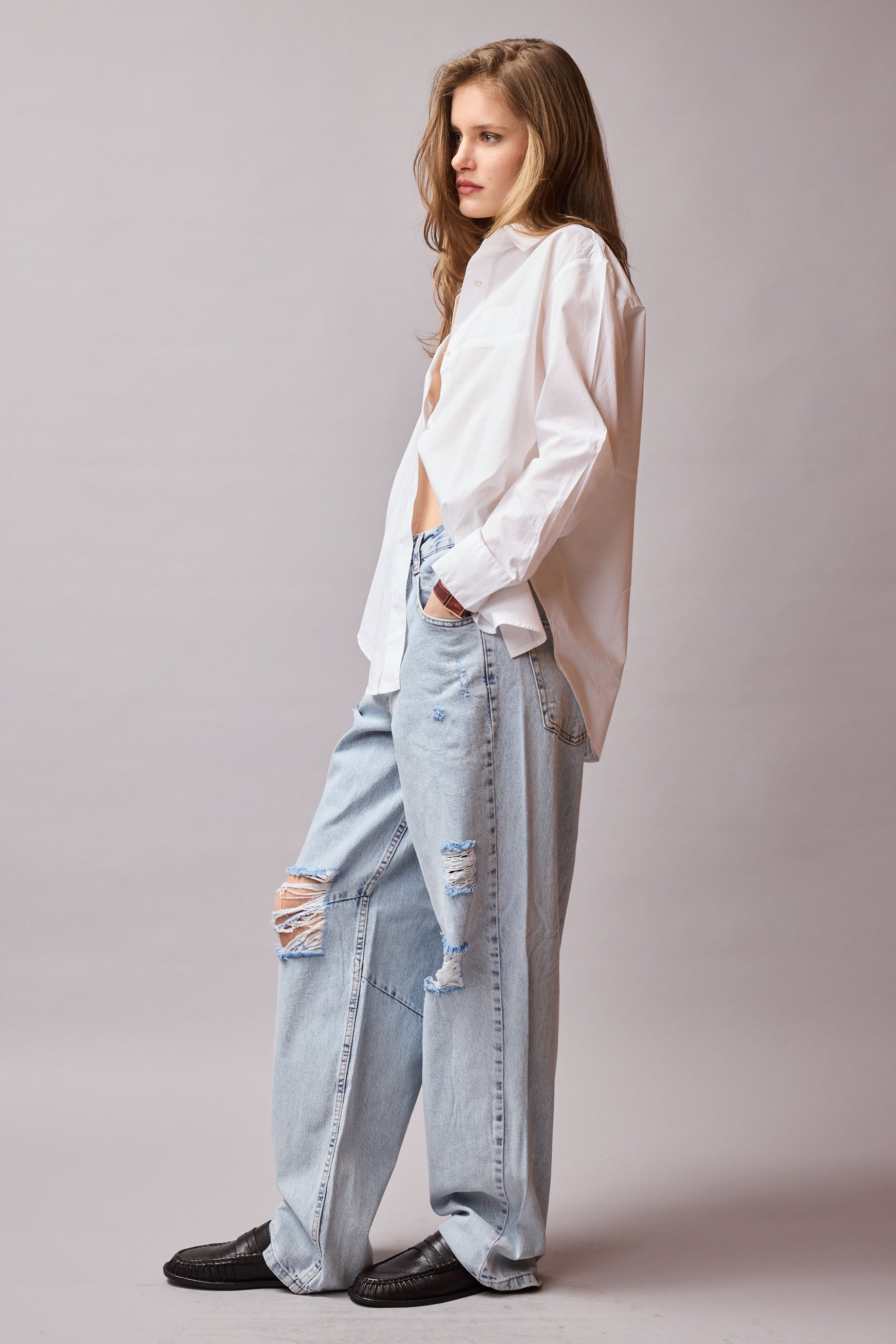 STRAIGHT FIT YUKSEK BEL GENIS PACA YIRTIK JEAN