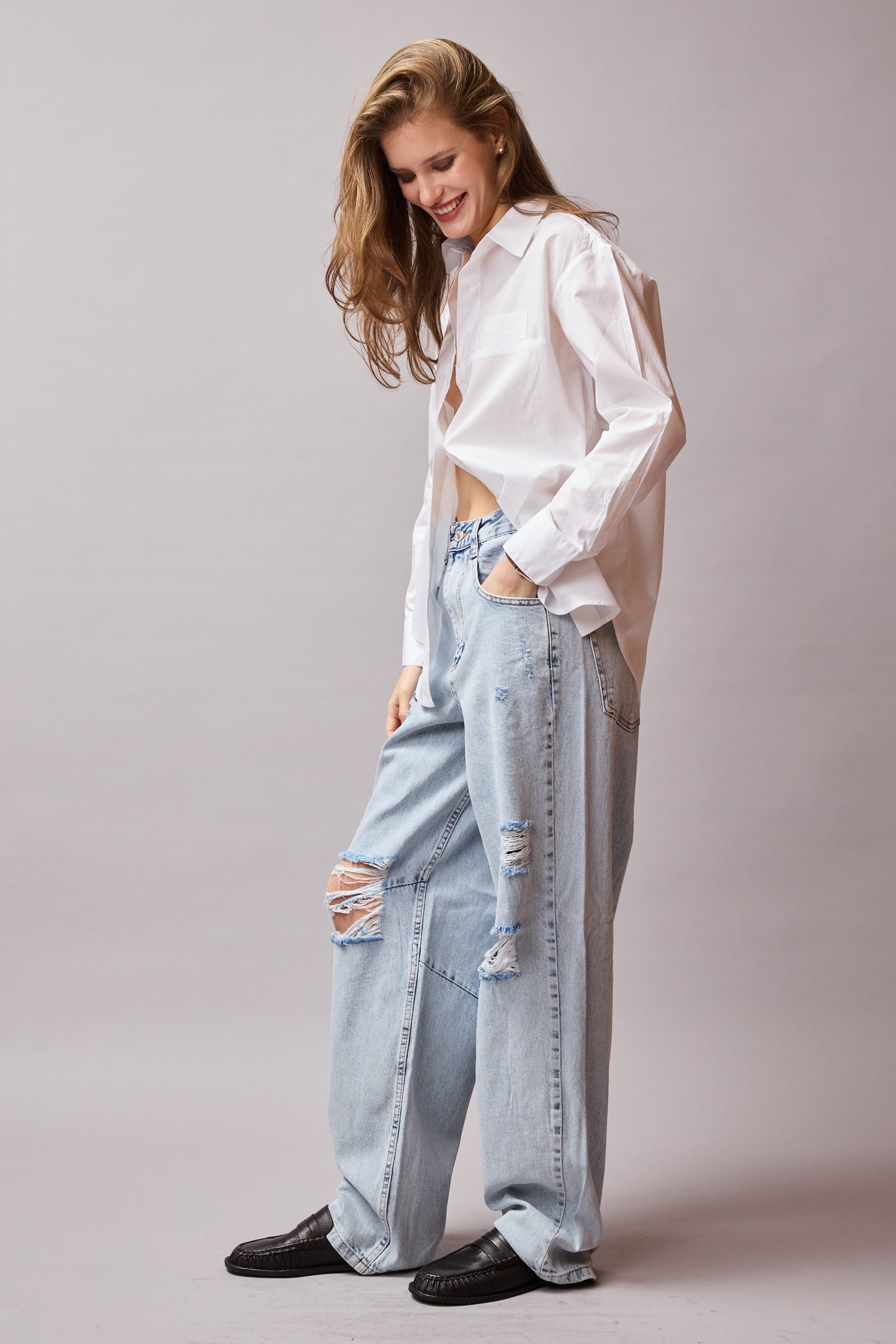 STRAIGHT FIT YUKSEK BEL GENIS PACA YIRTIK JEAN