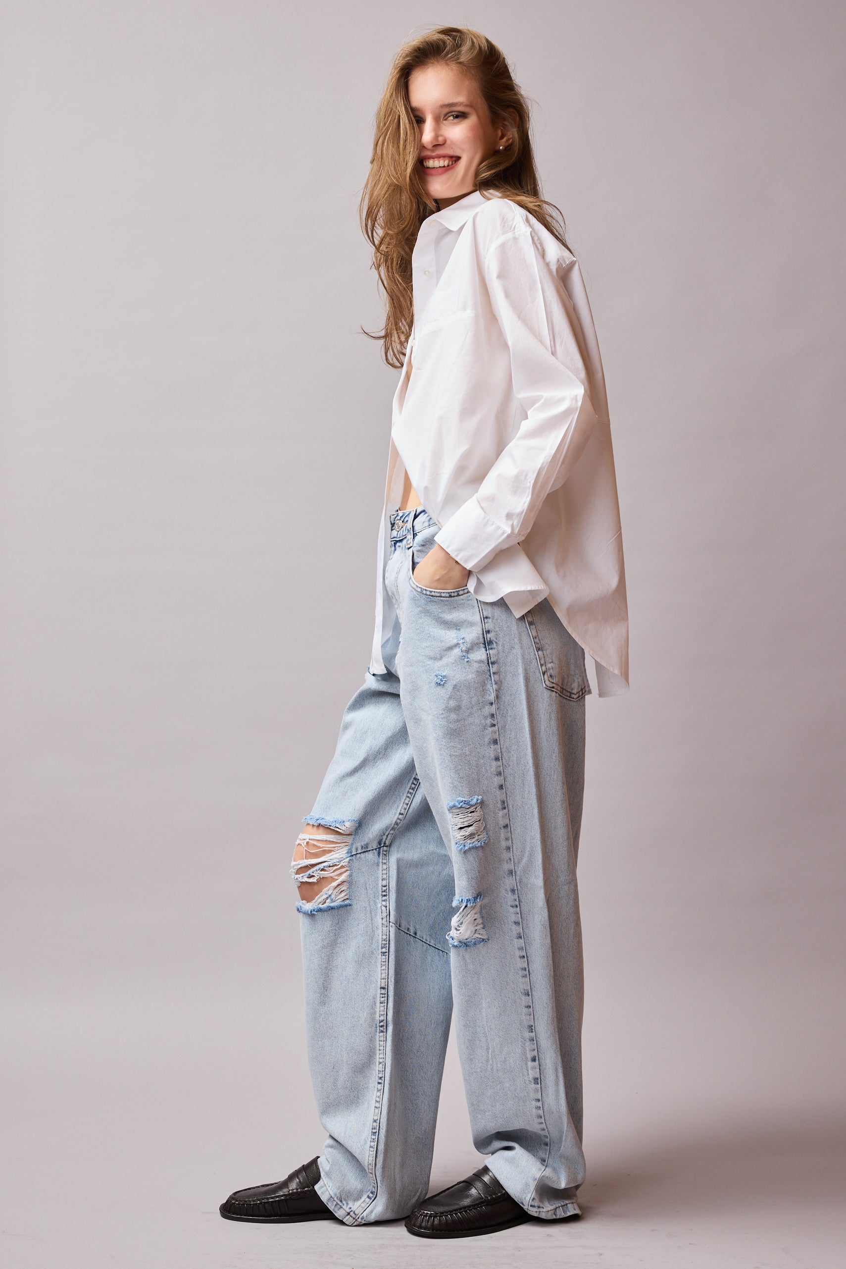 STRAIGHT FIT YUKSEK BEL GENIS PACA YIRTIK JEAN