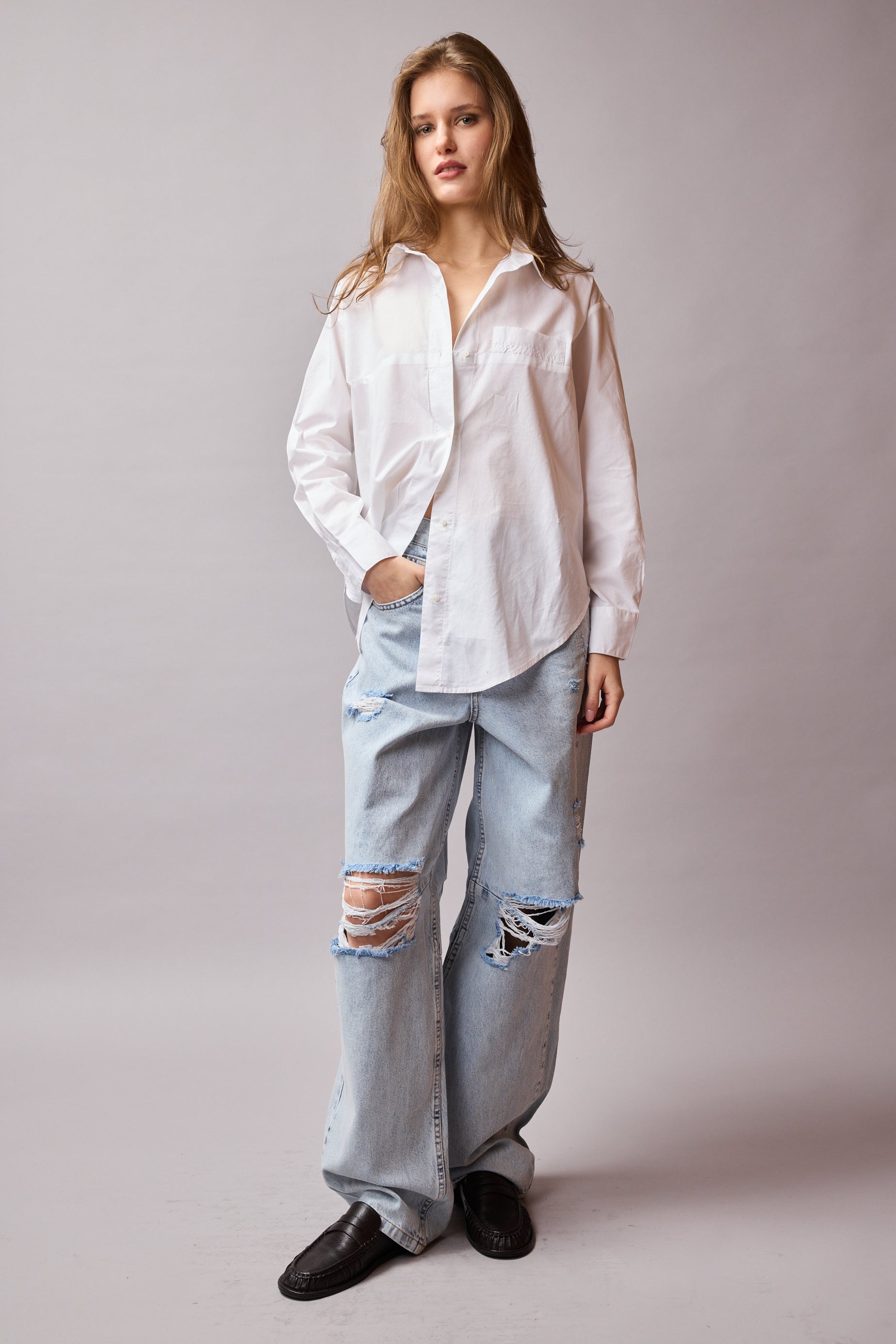 STRAIGHT FIT YUKSEK BEL GENIS PACA YIRTIK JEAN