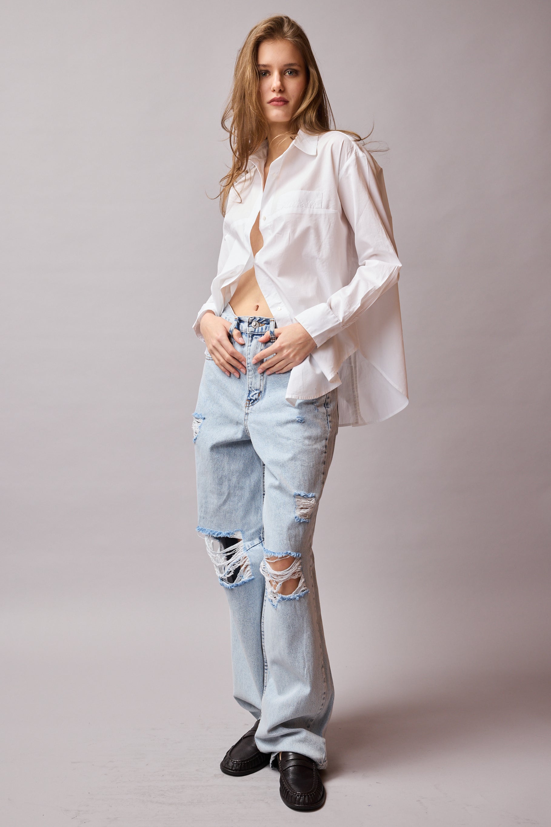 STRAIGHT FIT YUKSEK BEL GENIS PACA YIRTIK JEAN