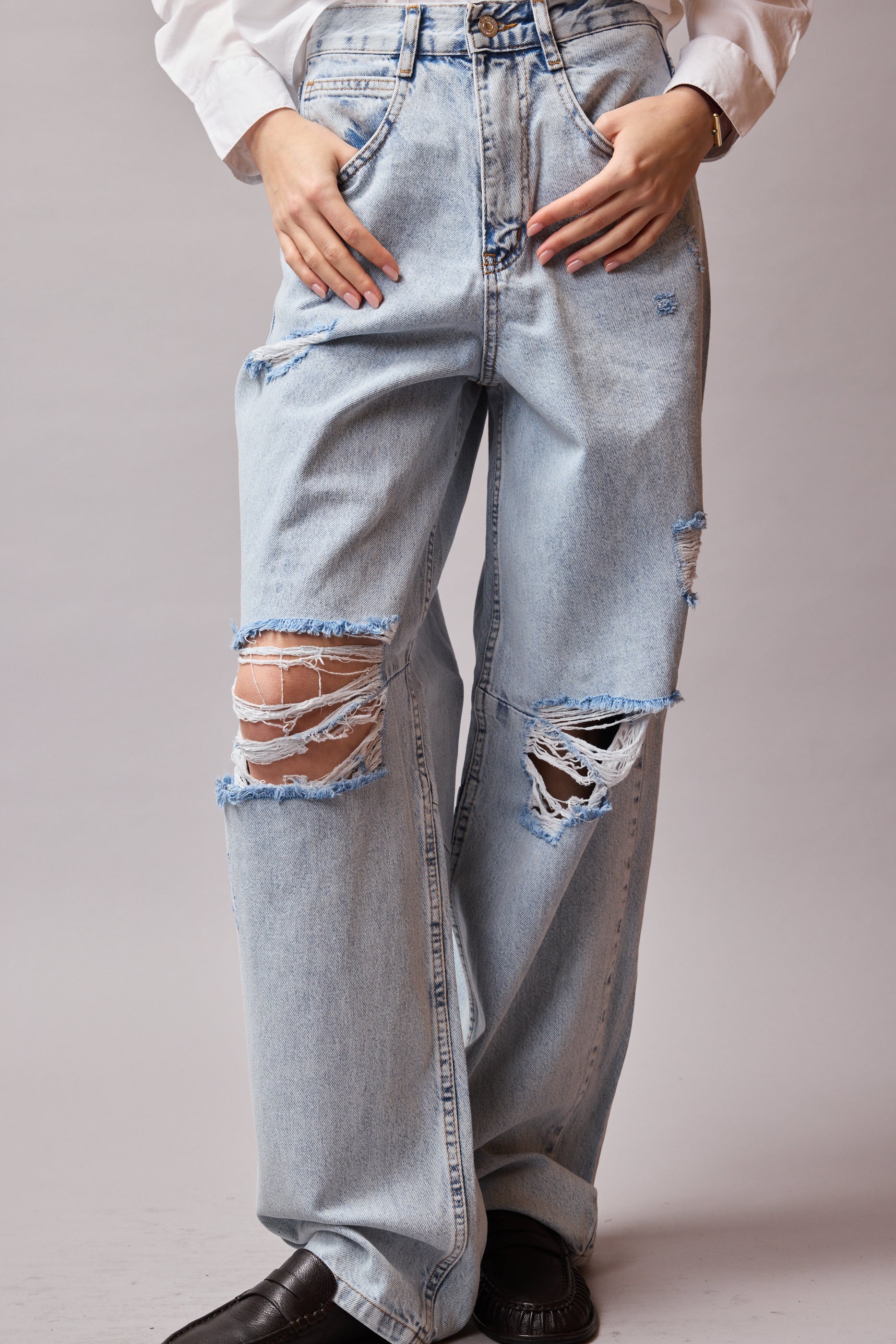 STRAIGHT FIT YUKSEK BEL GENIS PACA YIRTIK JEAN