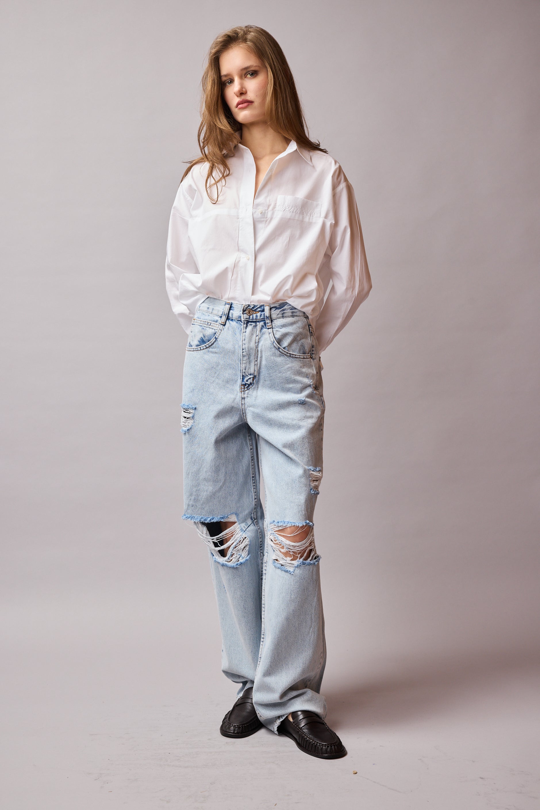 STRAIGHT FIT YUKSEK BEL GENIS PACA YIRTIK JEAN