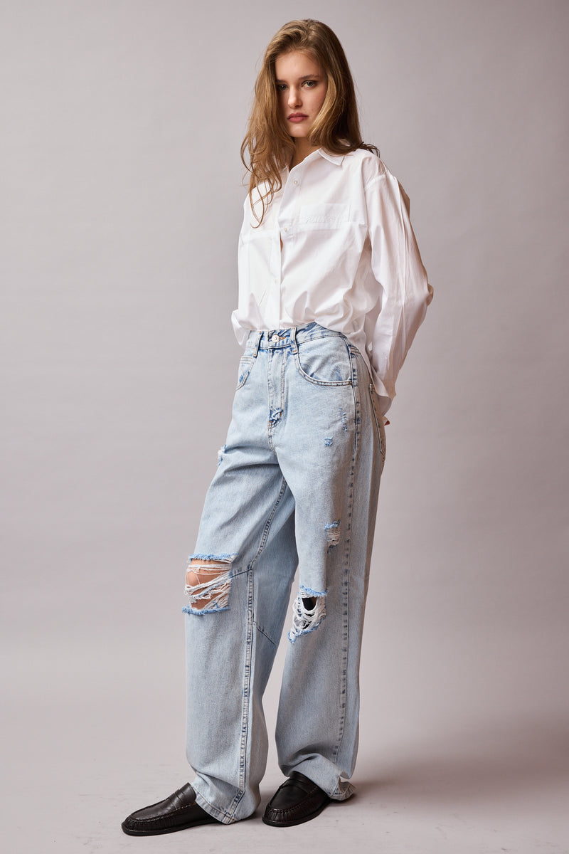 STRAIGHT FIT YUKSEK BEL GENIS PACA YIRTIK JEAN