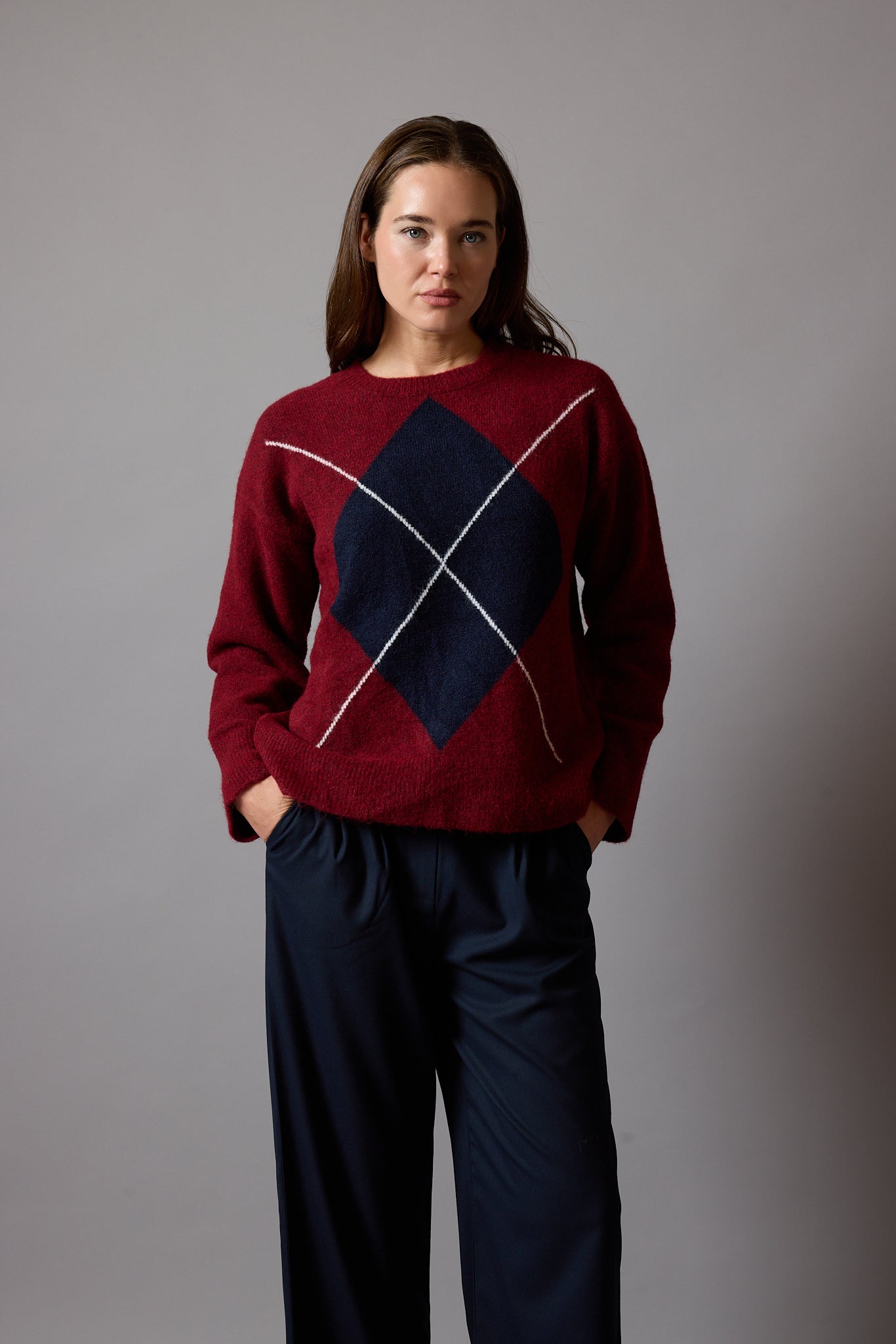 BAKLAVA DESENLİ OVERSIZE BISIKLET YAKA KAZAK BORDO
