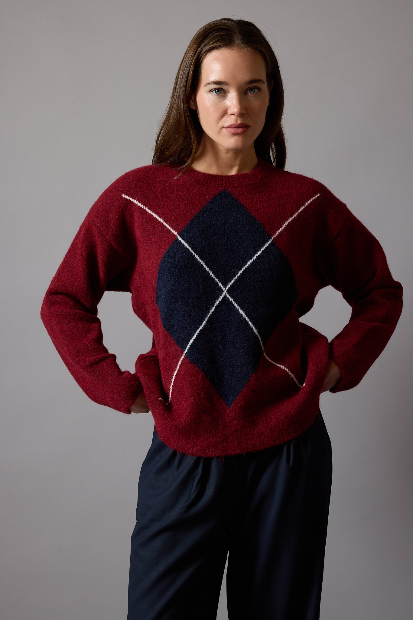 BAKLAVA DESENLİ OVERSIZE BISIKLET YAKA KAZAK BORDO