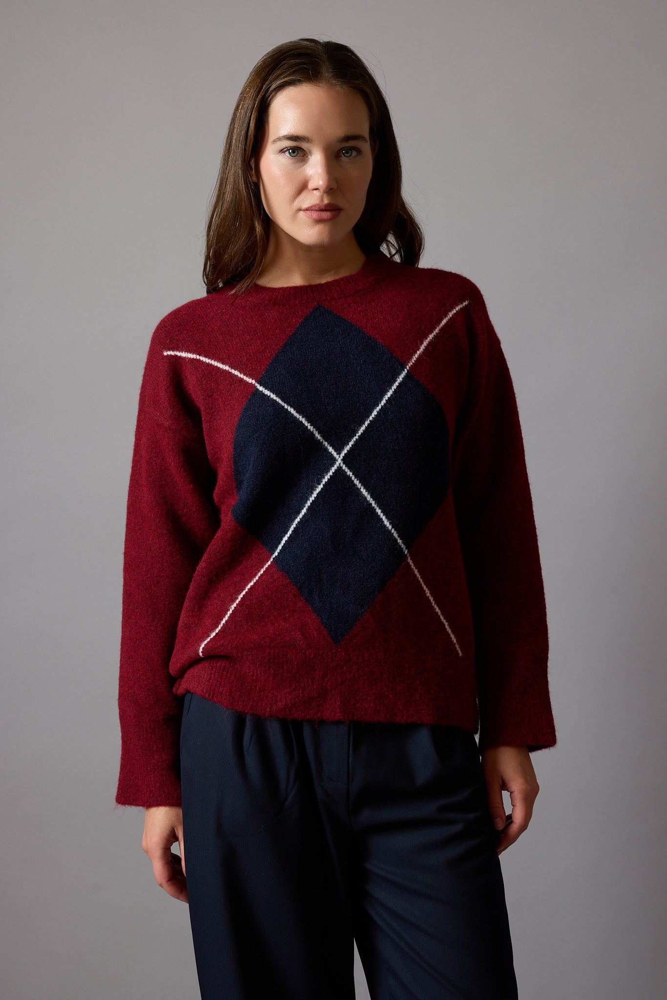 BAKLAVA DESENLİ OVERSIZE BISIKLET YAKA KAZAK BORDO