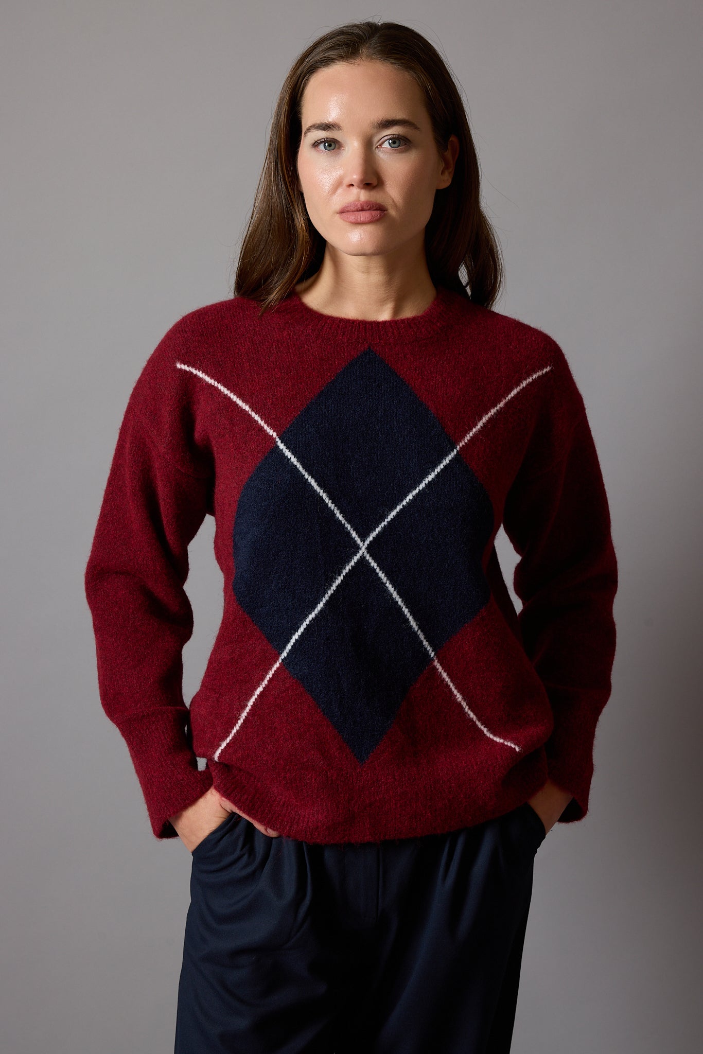 BAKLAVA DESENLİ OVERSIZE BISIKLET YAKA KAZAK BORDO