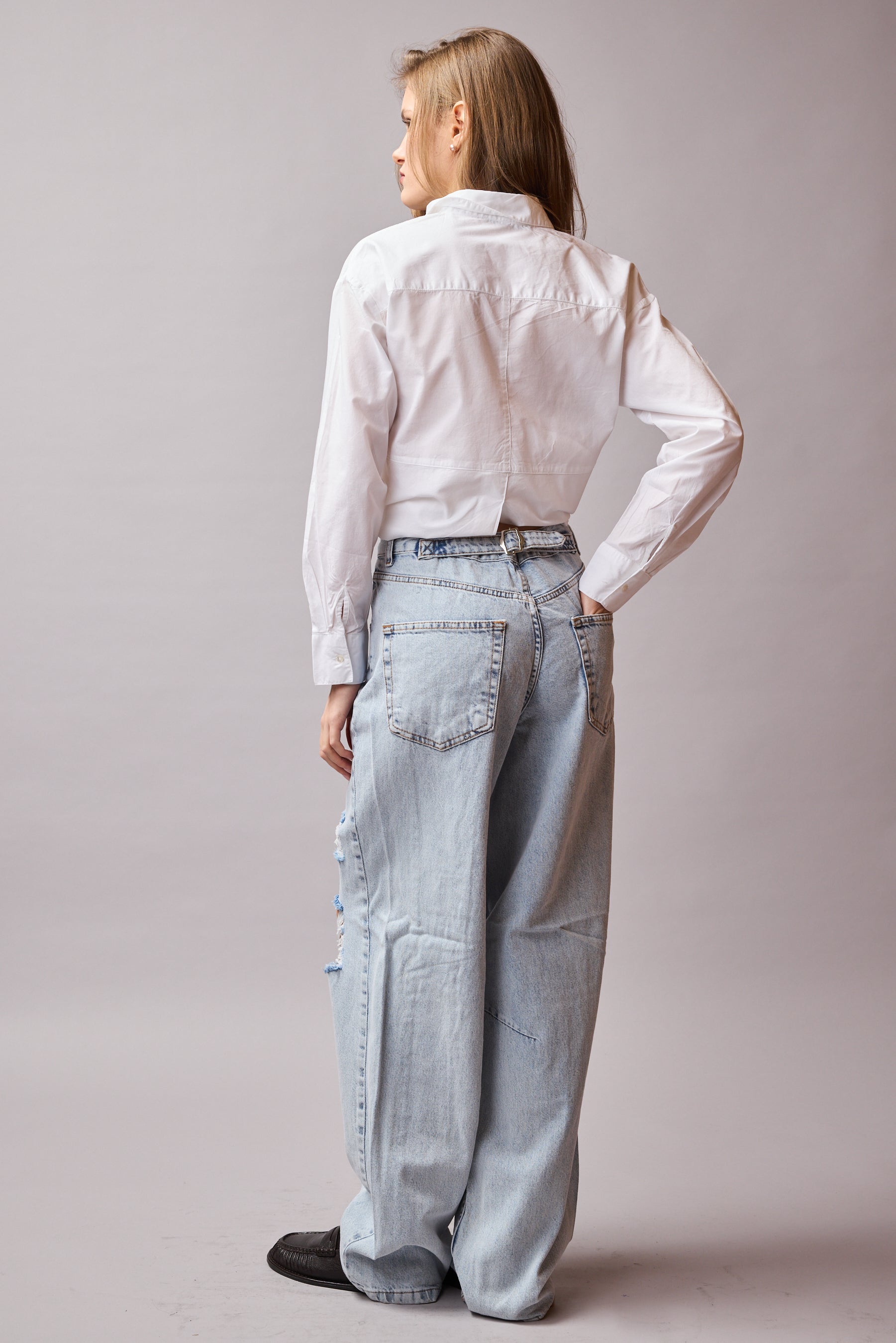 STRAIGHT FIT YUKSEK BEL GENIS PACA YIRTIK JEAN