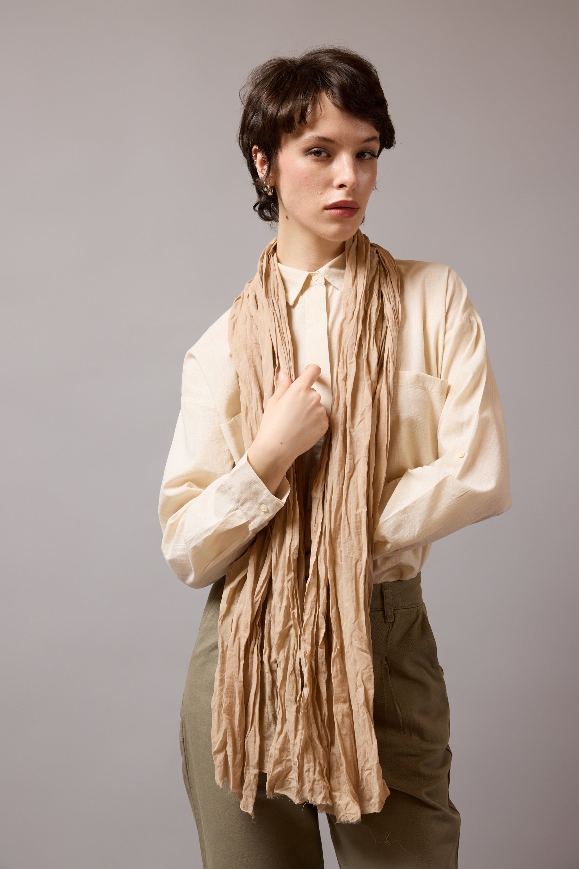 Beige Organik Pamuk Handmade Şal