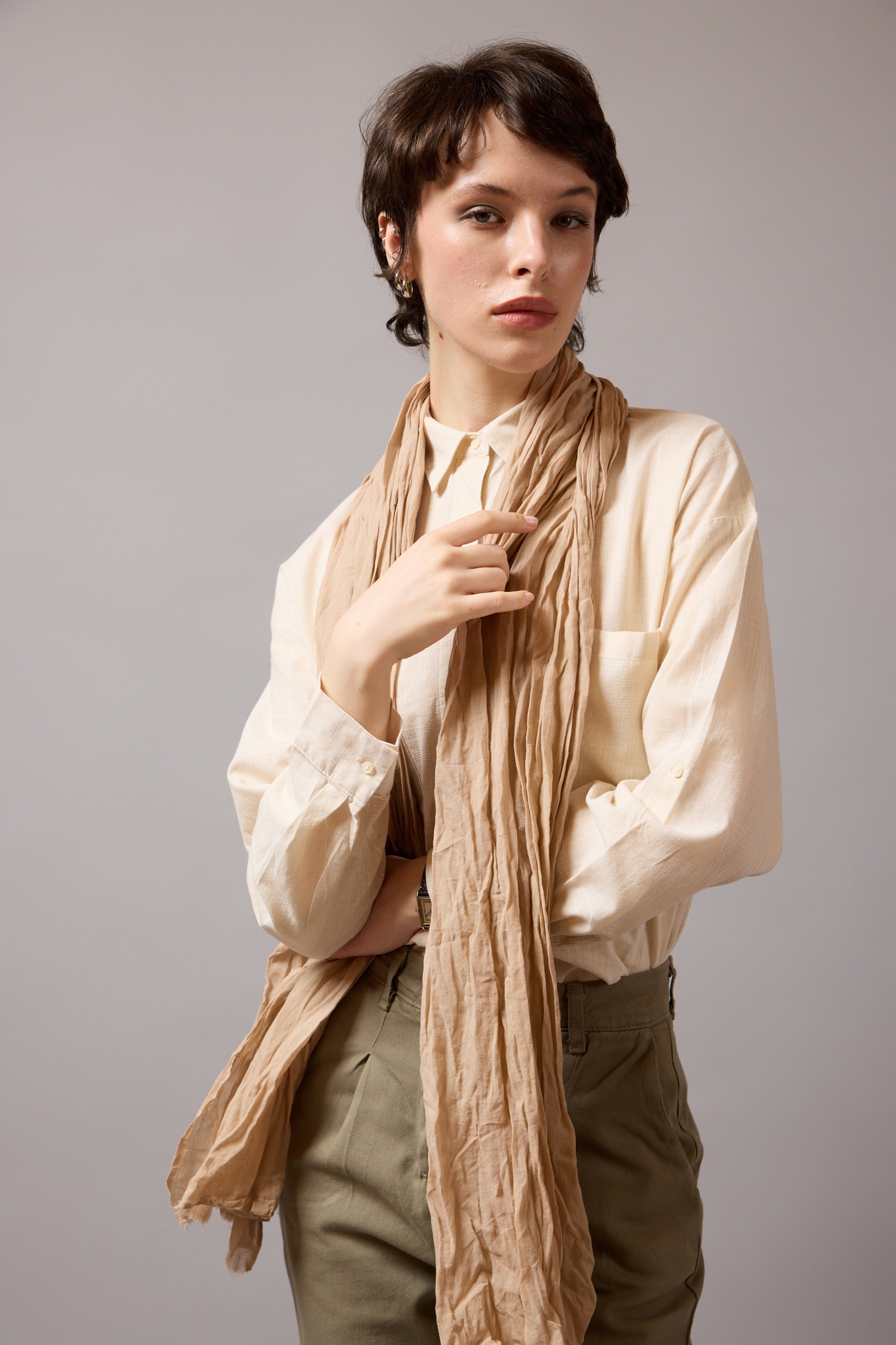 Beige Organik Pamuk Handmade Şal