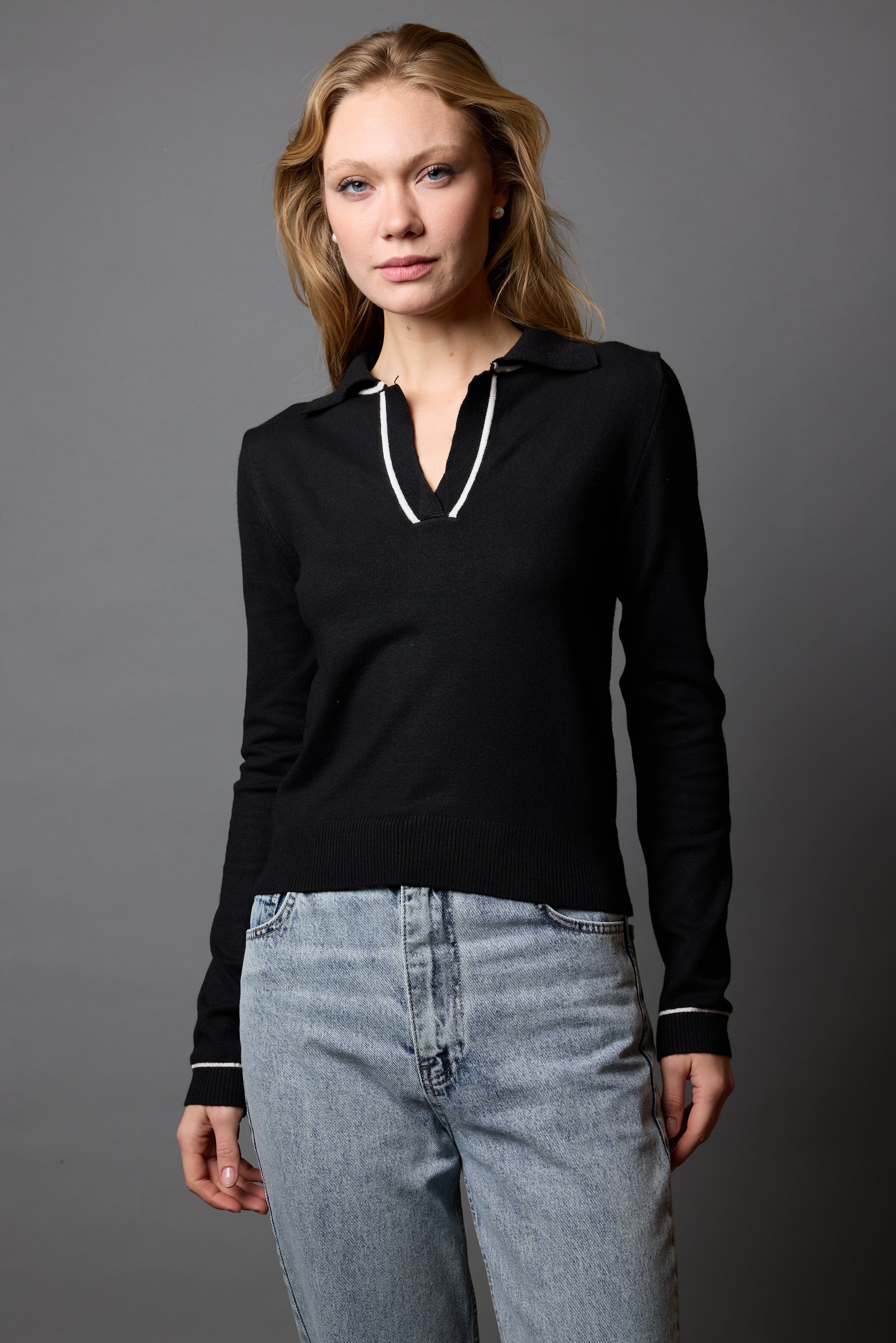 POLO COLLAR SOFT TEXTURED KNITWEAR BLACK