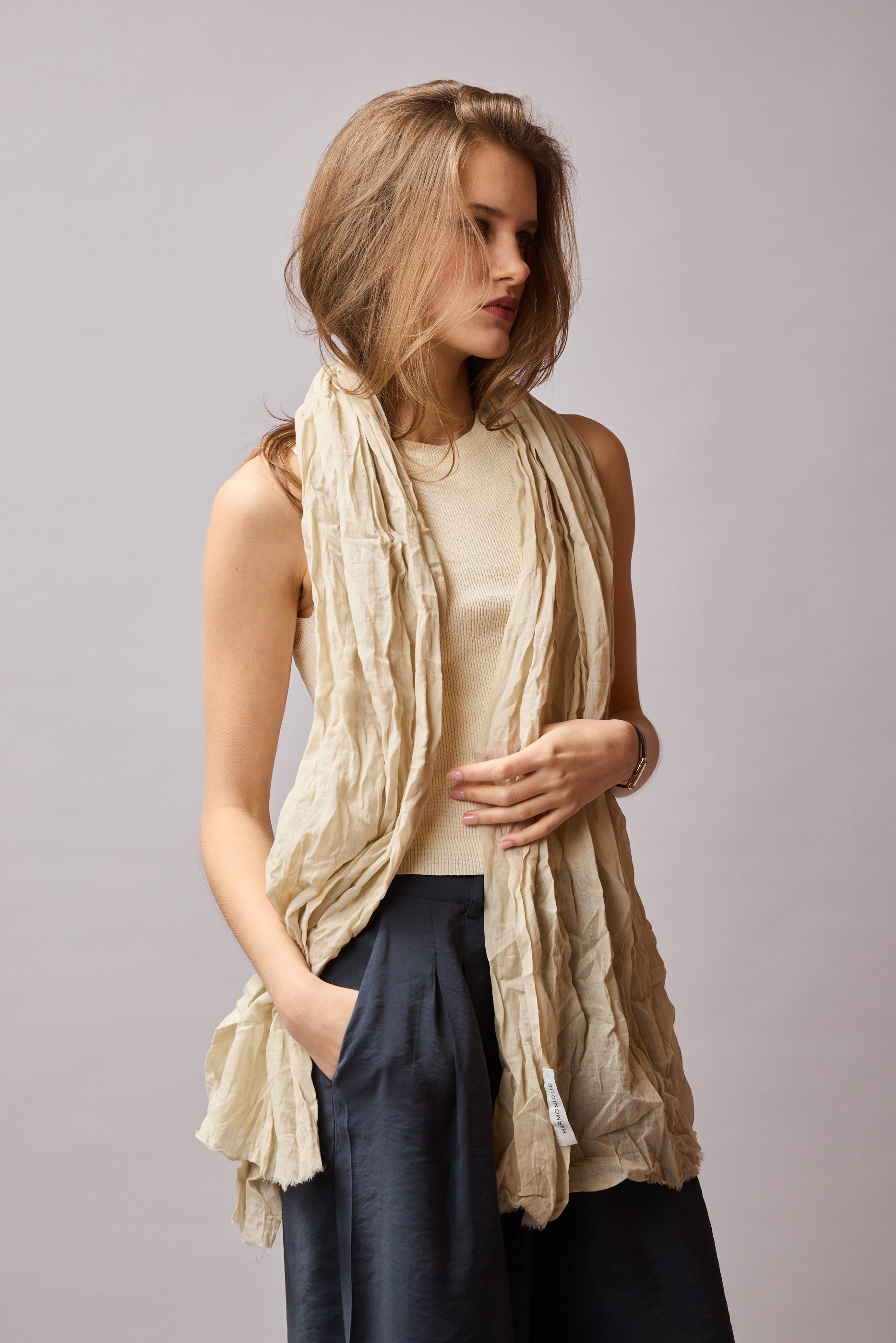 Vintage Beige Organik Pamuk El Boyama Sal