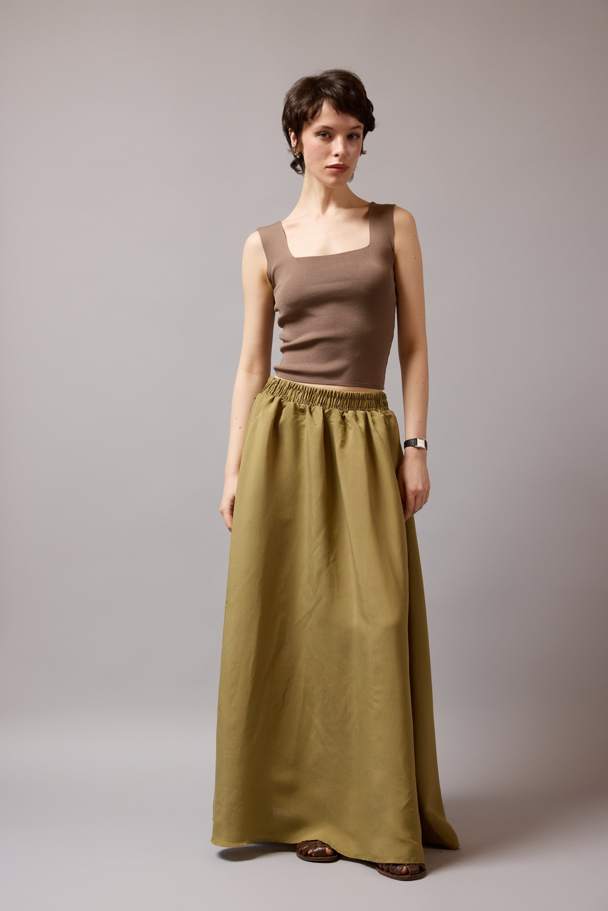 ELASTIK BEL BANTLI DOKUMLU ETEK OLIVE