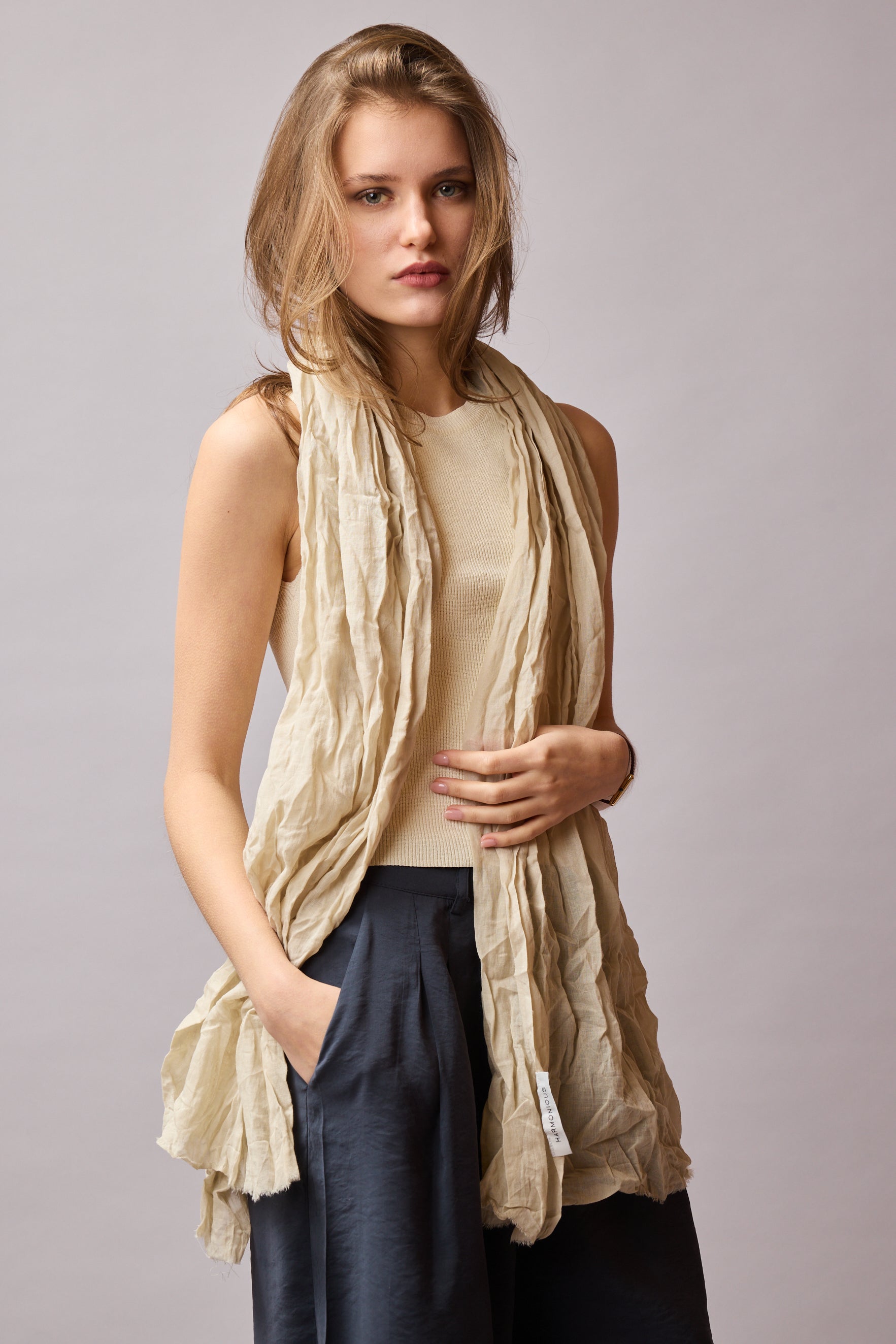 Vintage Beige Organik Pamuk El Boyama Sal