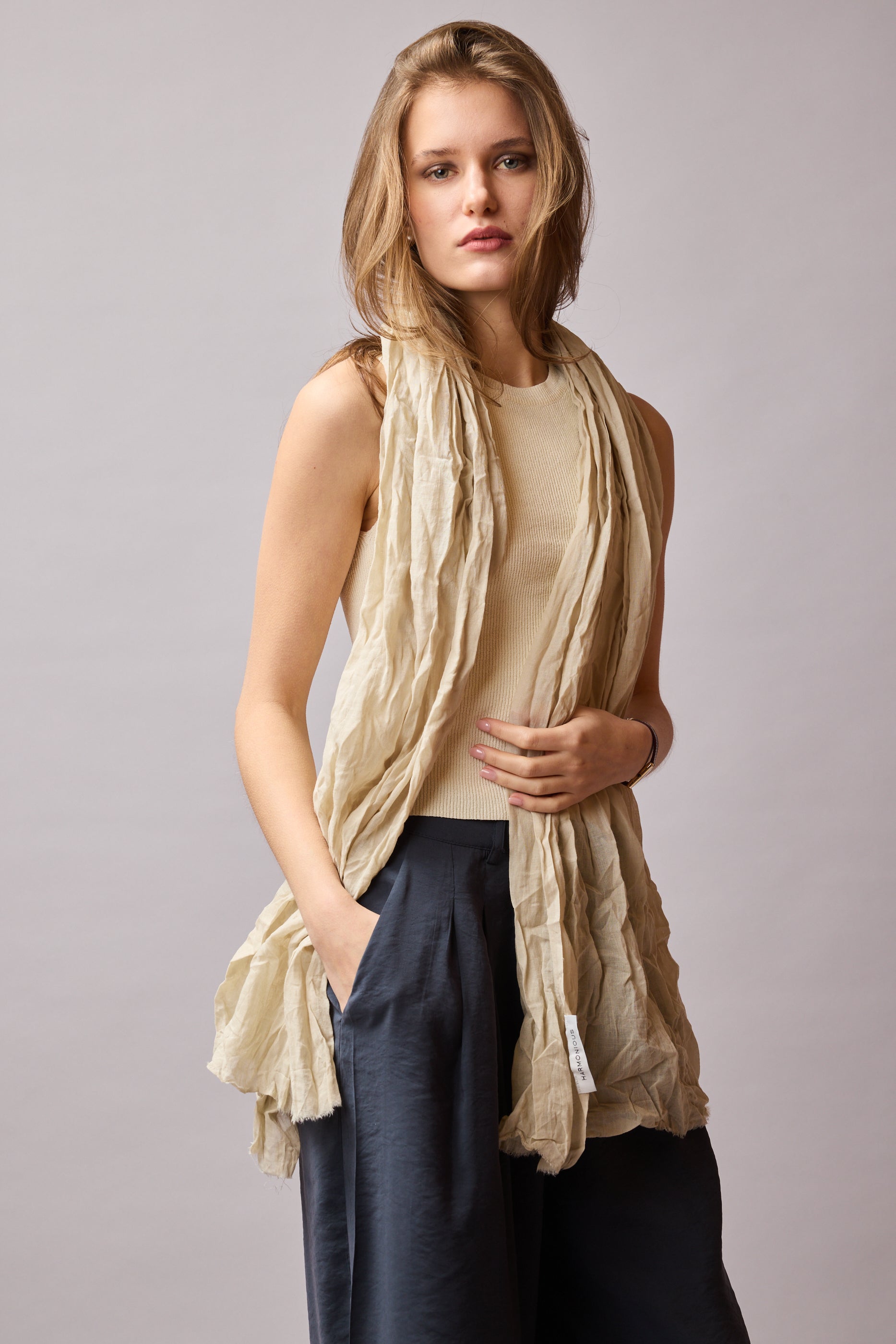 Vintage Beige Organik Pamuk El Boyama Sal