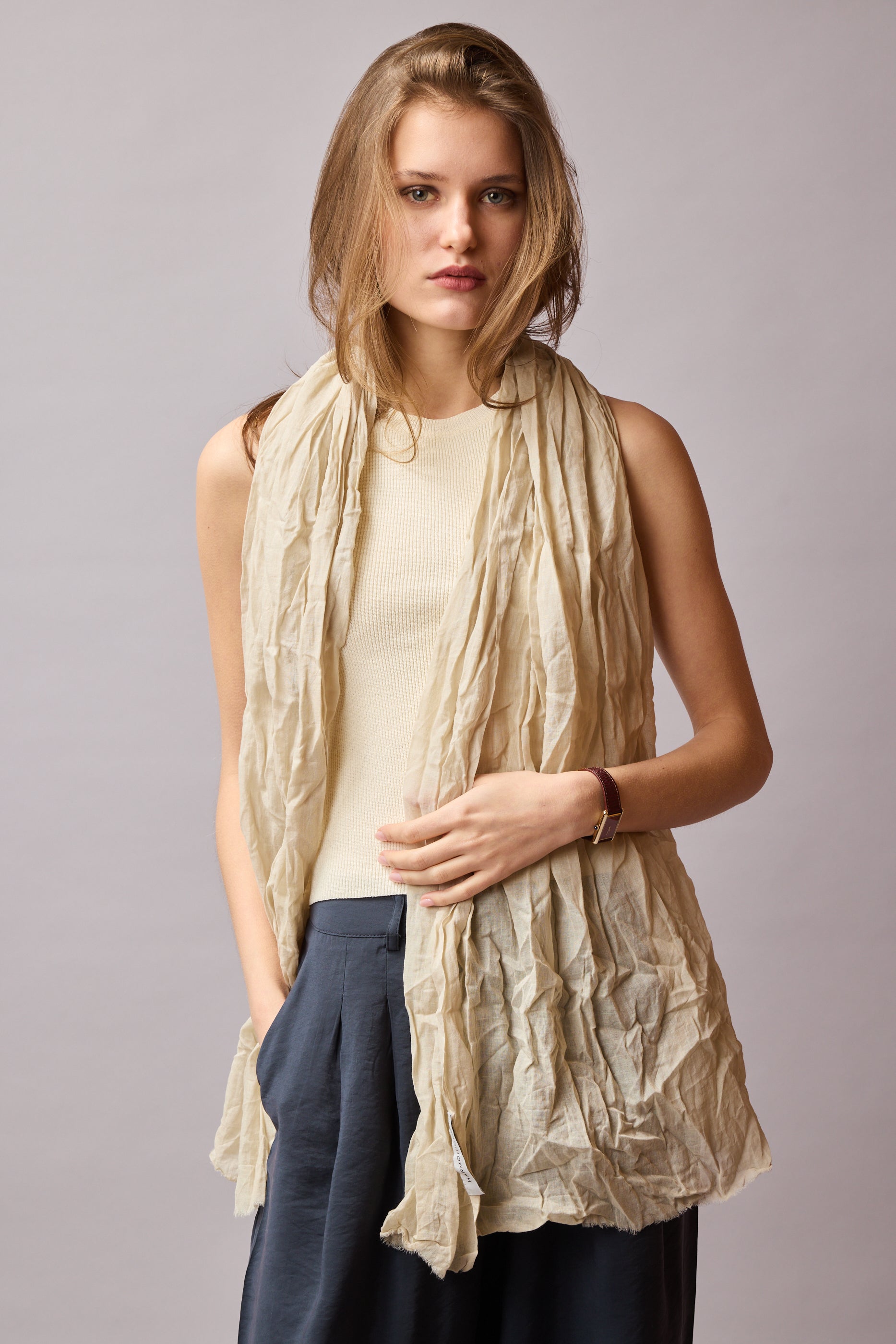 Vintage Beige Organik Pamuk El Boyama Sal