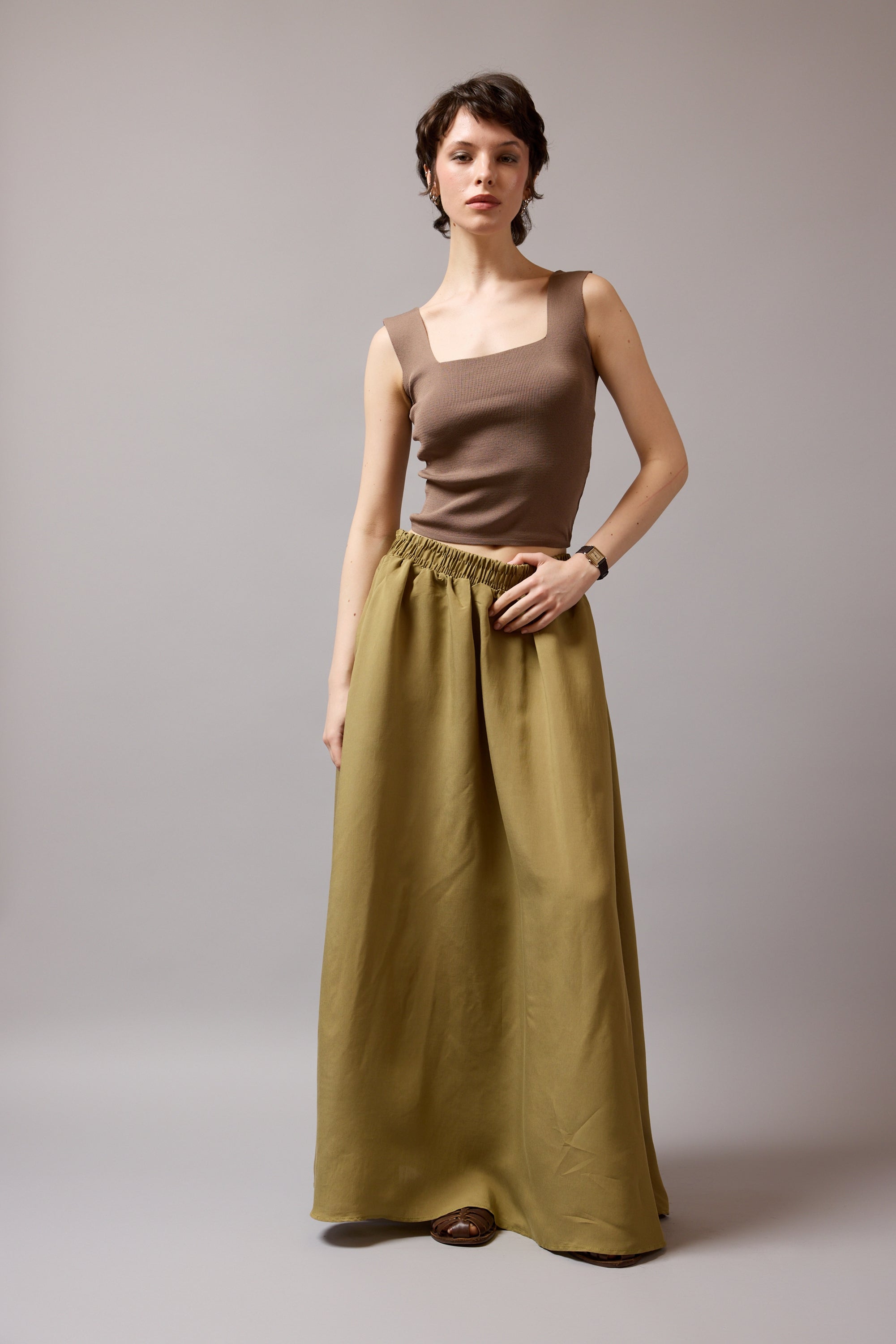 ELASTIK BEL BANTLI DOKUMLU ETEK OLIVE