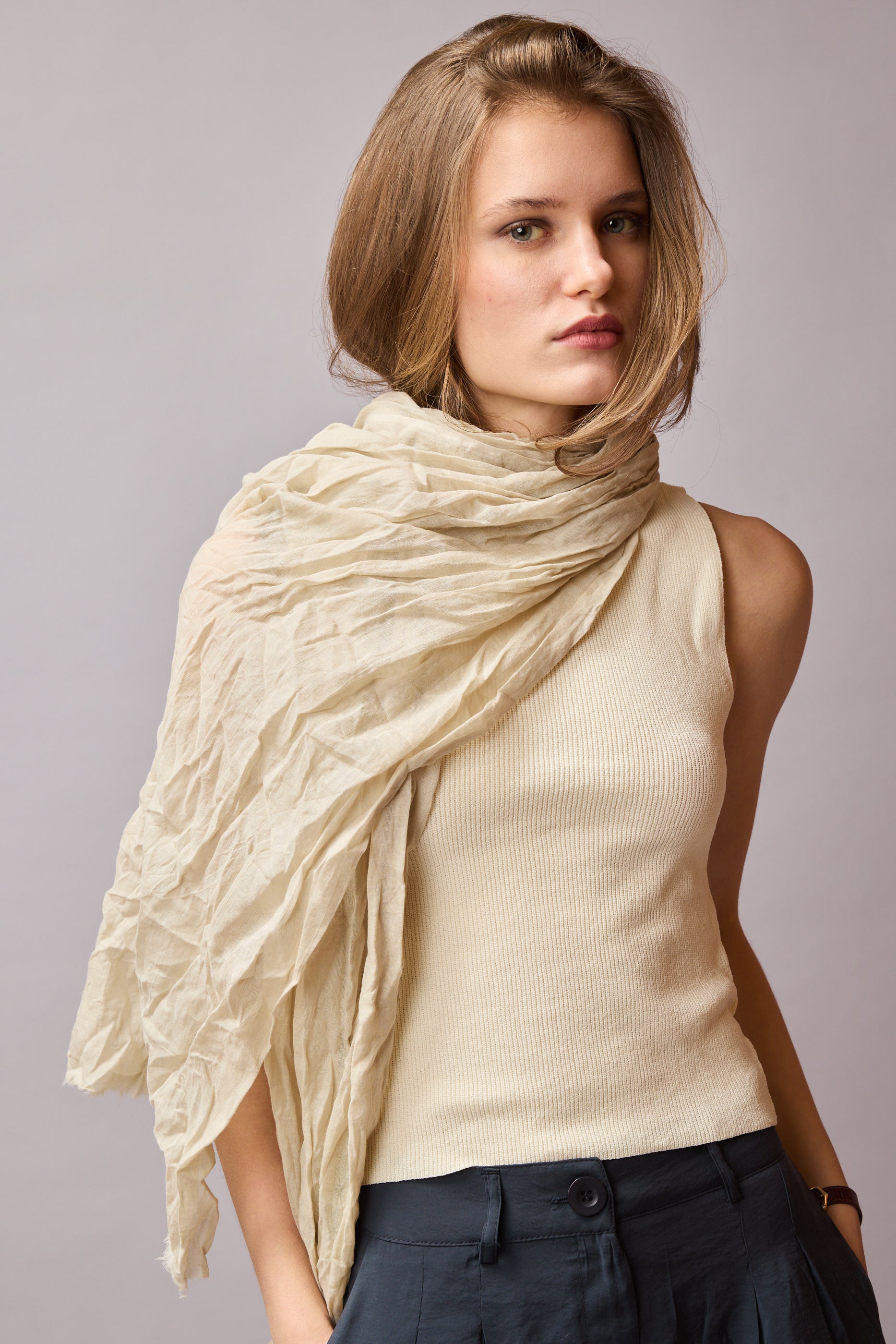 Vintage Beige Organik Pamuk El Boyama Sal