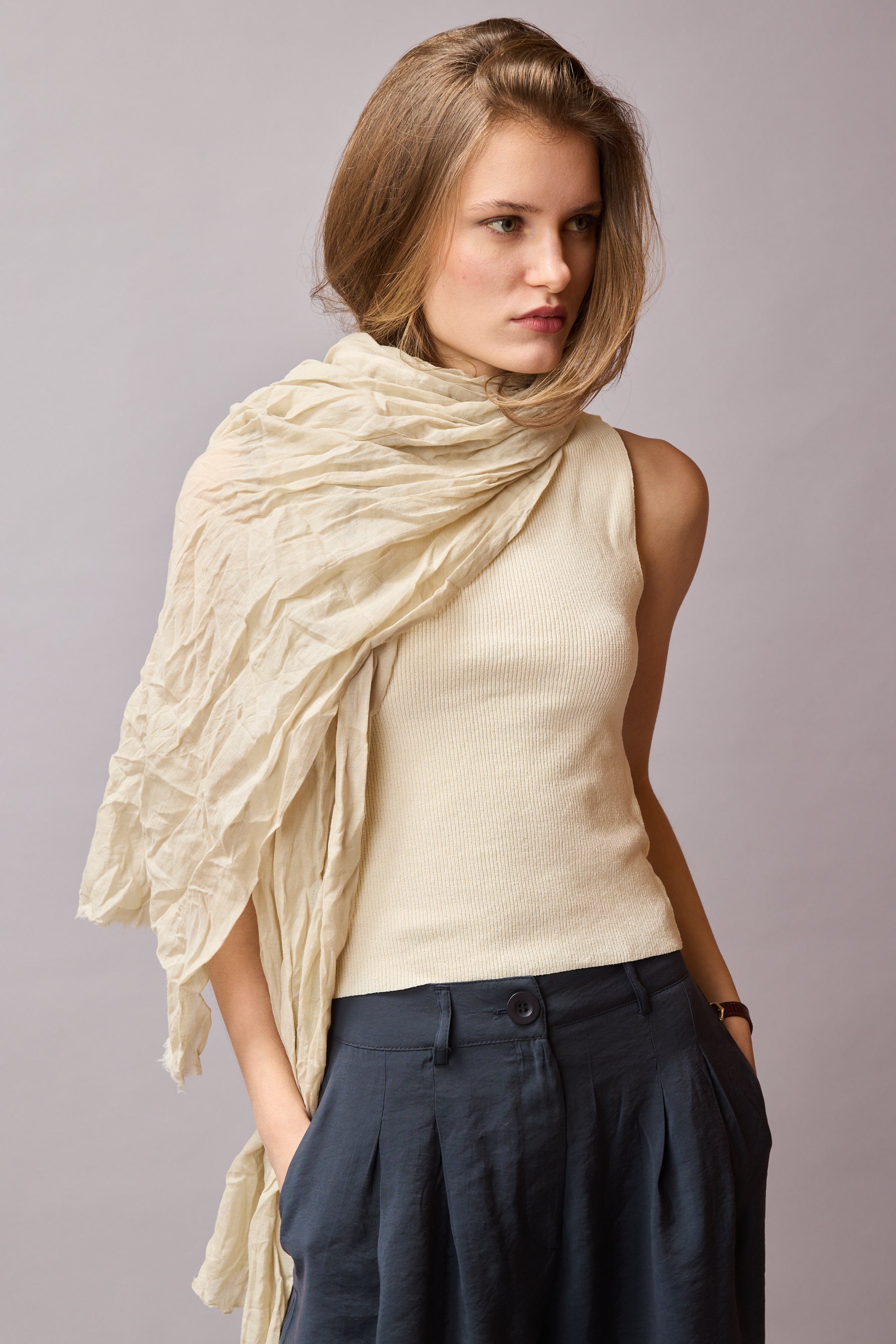 Vintage Beige Organik Pamuk El Boyama Sal