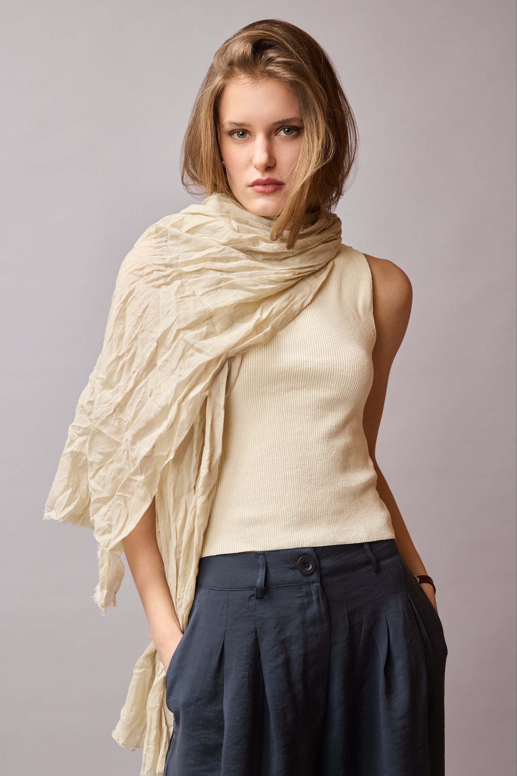 Vintage Beige Organik Pamuk El Boyama Sal