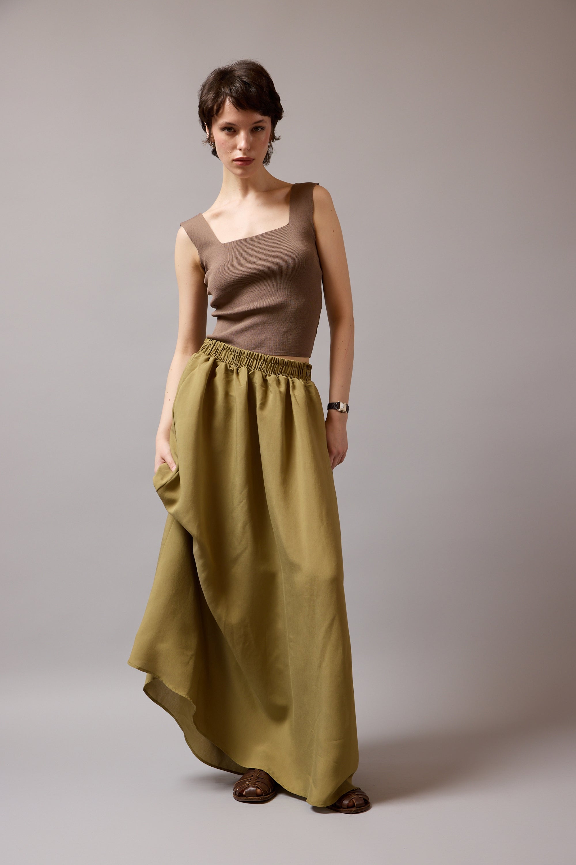 ELASTIK BEL BANTLI DOKUMLU ETEK OLIVE