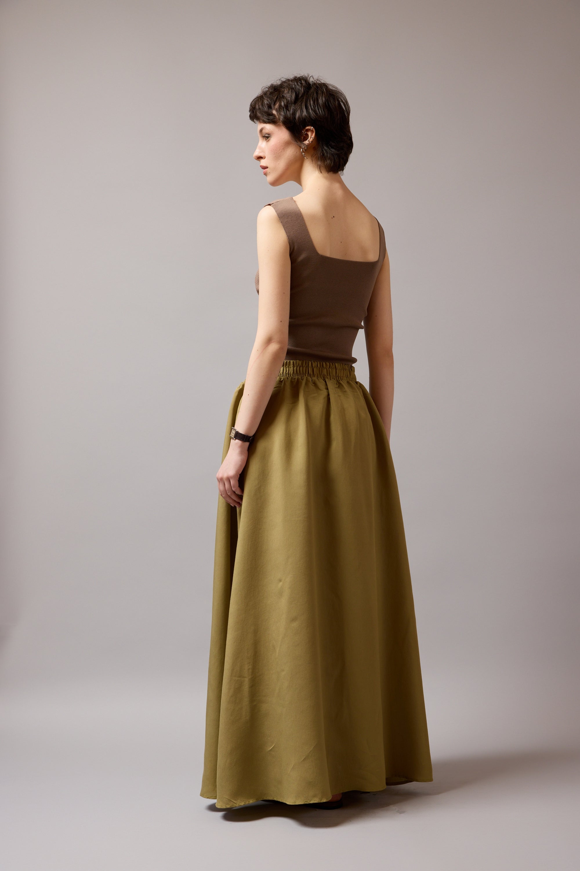 ELASTIK BEL BANTLI DOKUMLU ETEK OLIVE