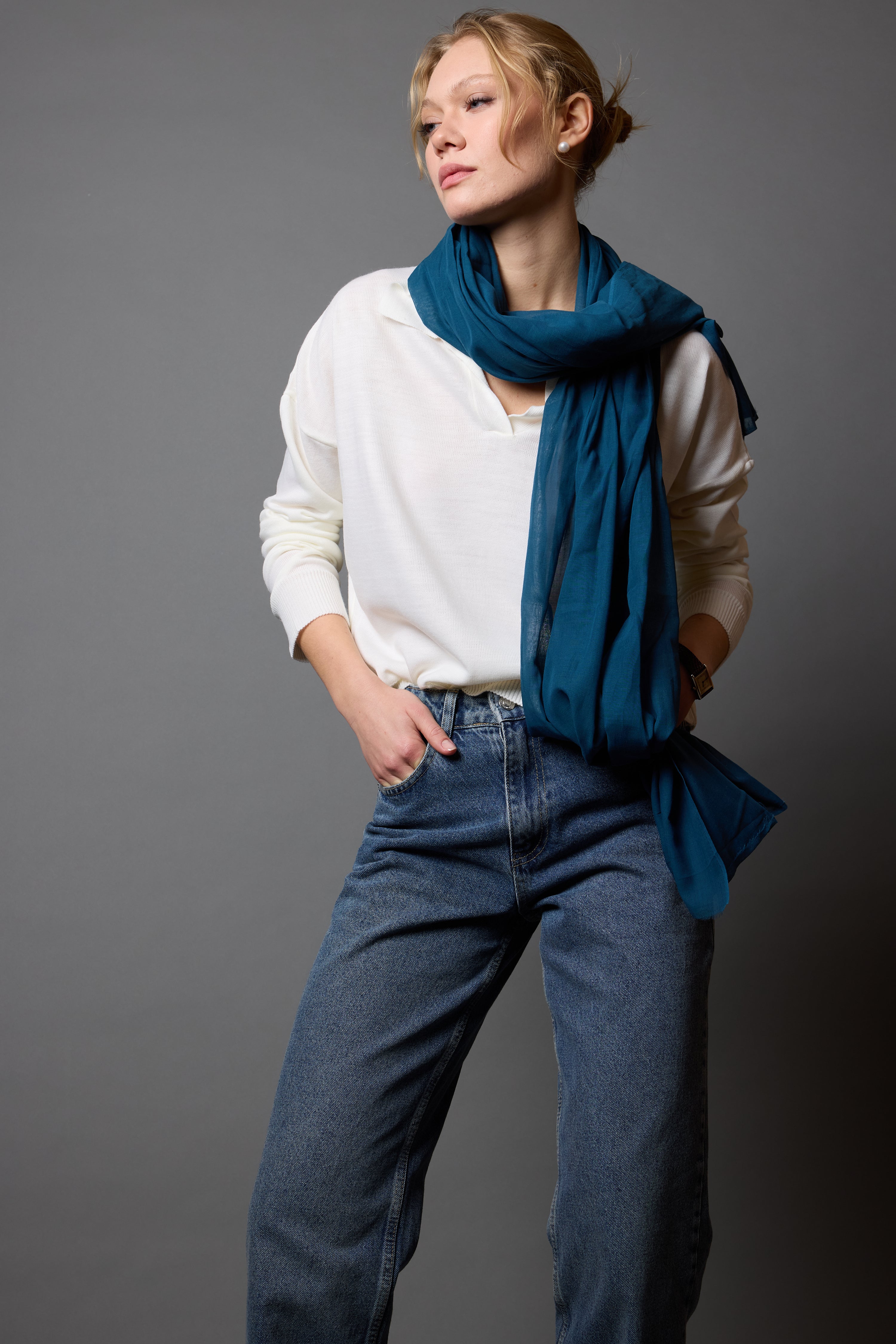 Sea Blue Organik Pamuk El Boyama Şal