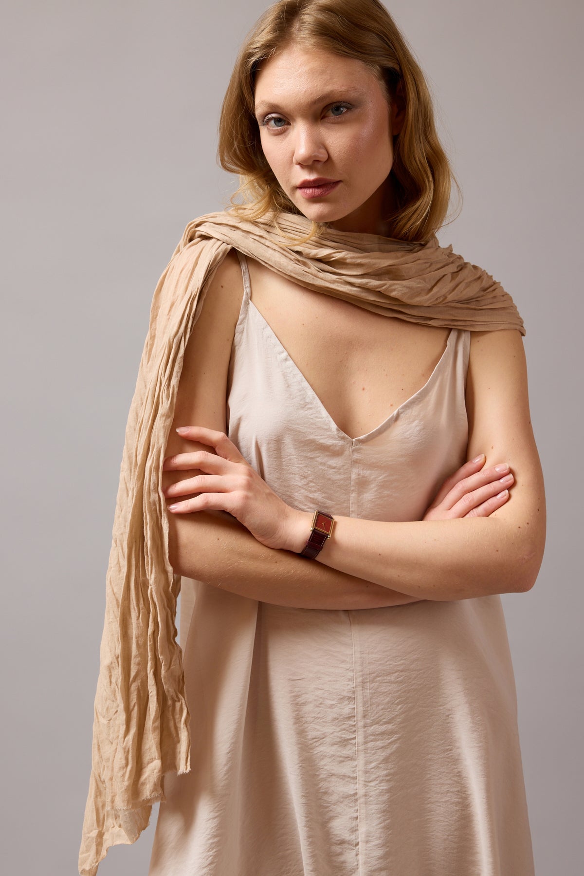 Beige Organik Pamuk Handmade Şal