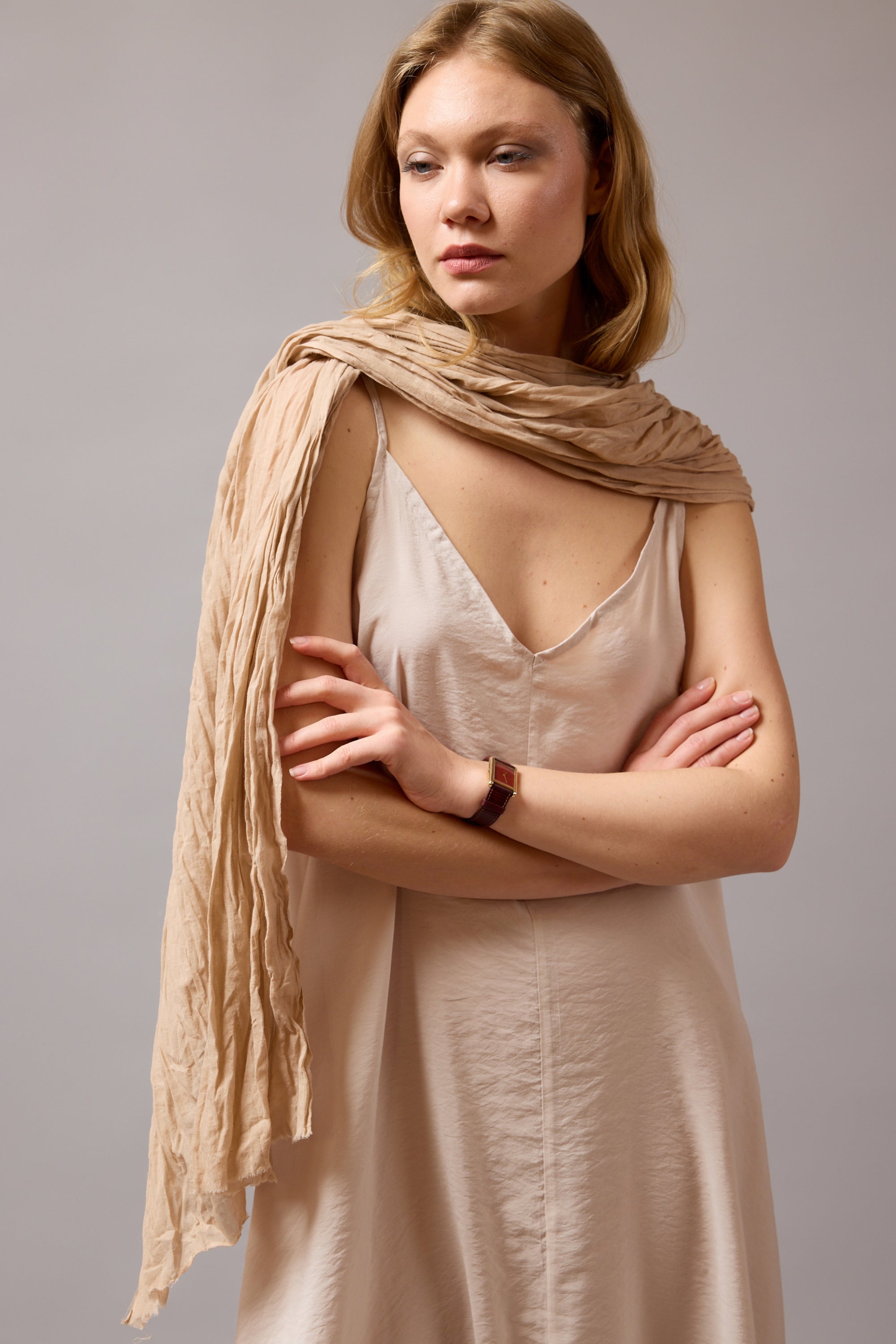 Beige Organik Pamuk Handmade Şal