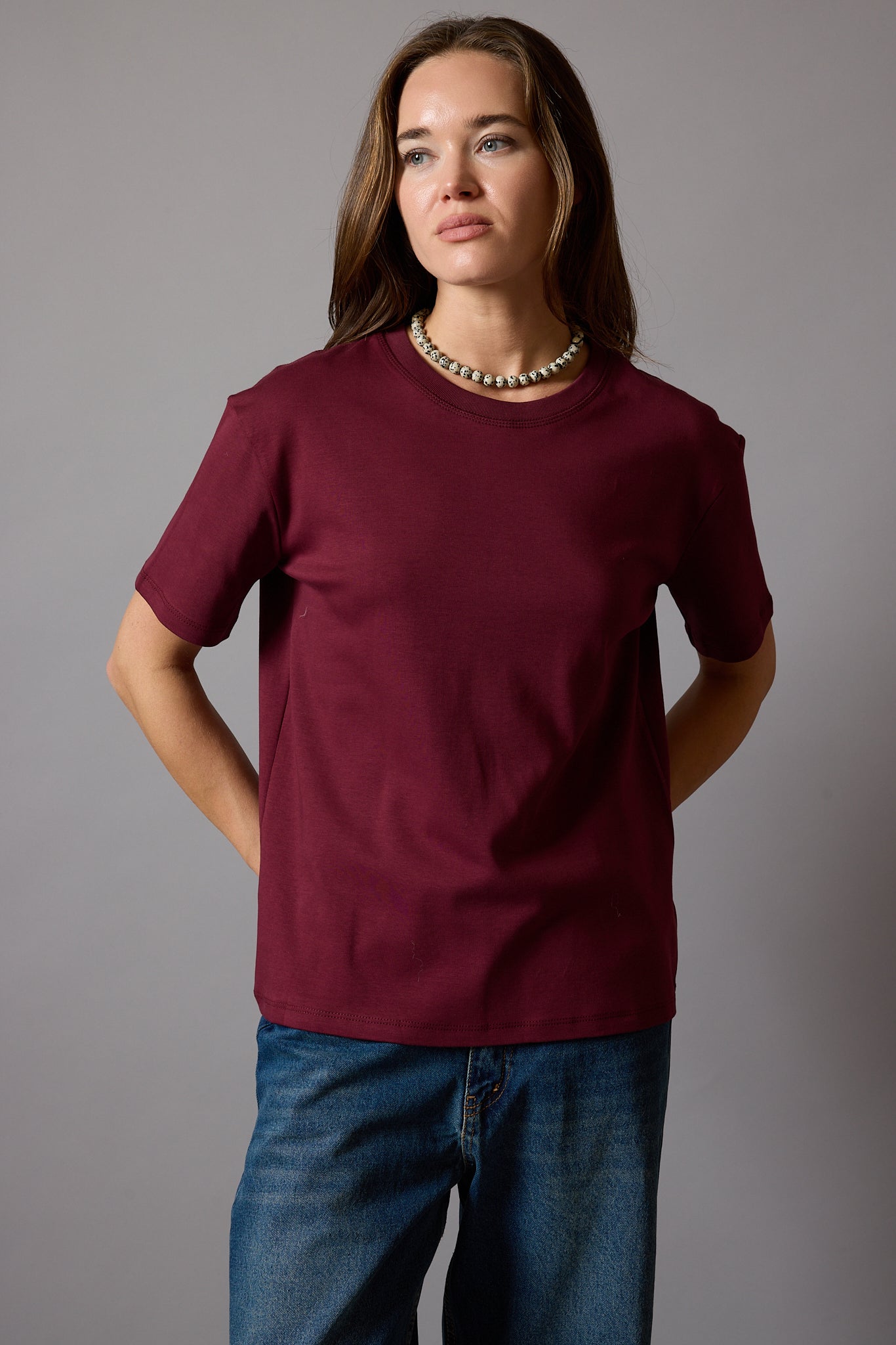 KISA KOLLU PAMUK T-SHIRT BORDO