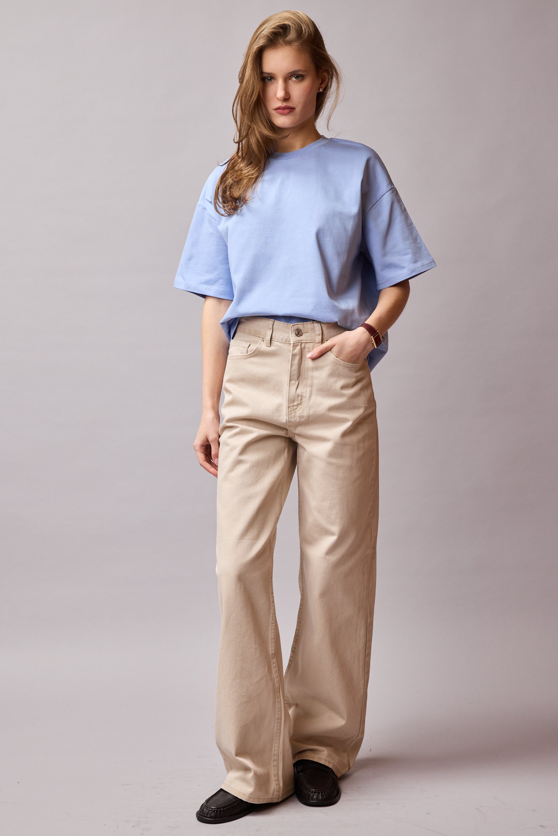 STRAIGHT FIT HIGH WAIST WIDE LEG JEANS BEIGE