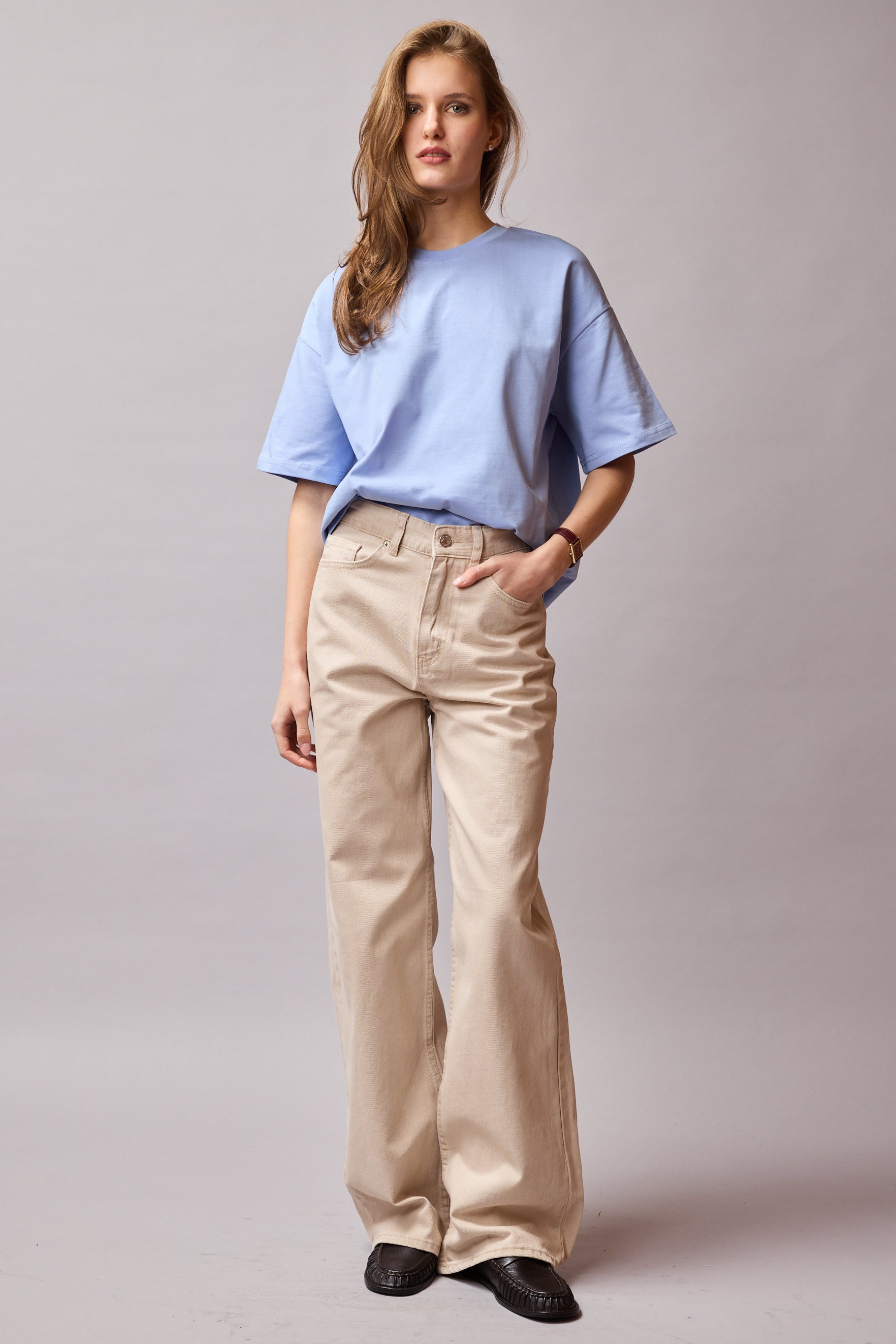 STRAIGHT FIT HIGH WAIST WIDE LEG JEANS BEIGE